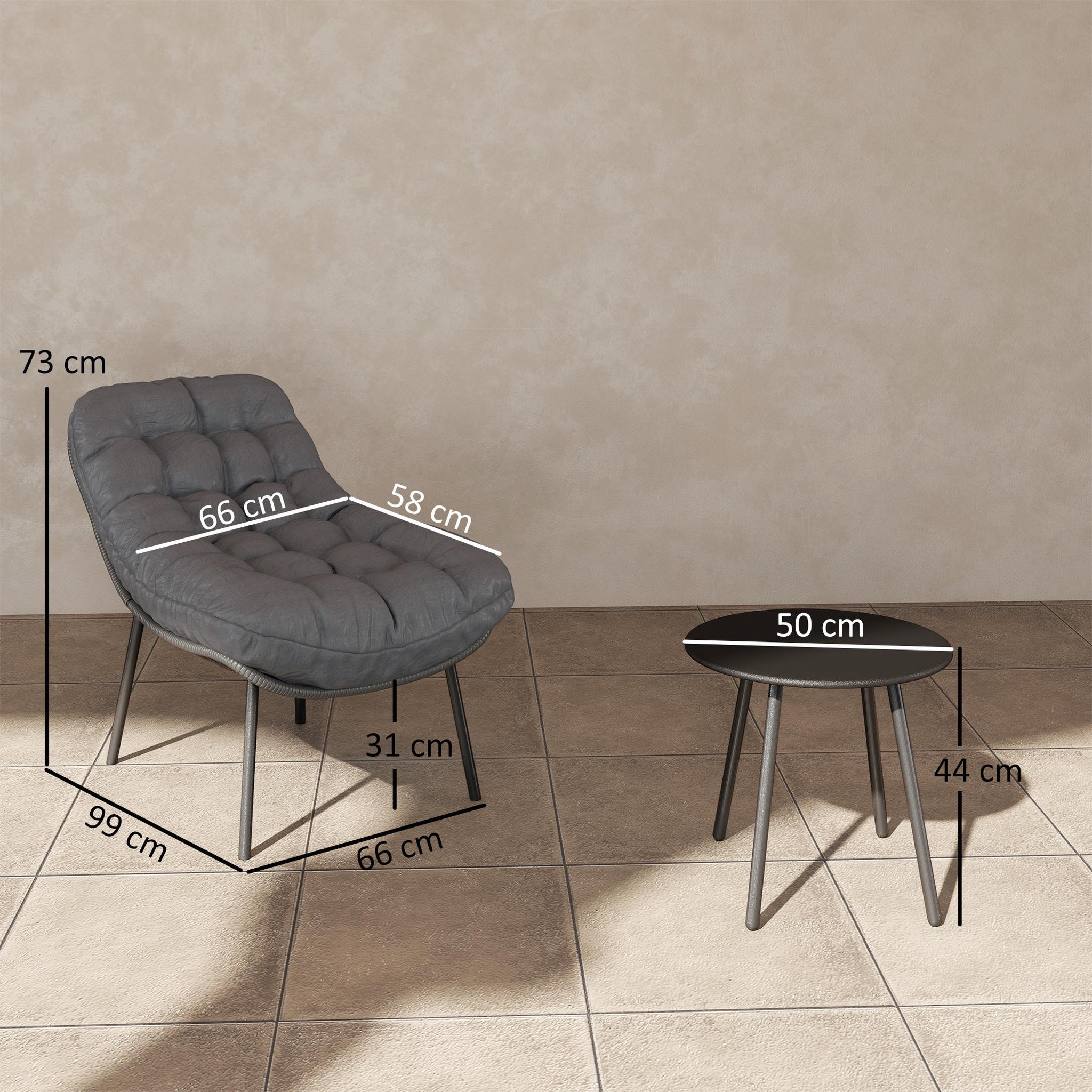 Voir la diapositive 3 : OUTSUNNY Salon de jardin 2 places 3 pièces style cosy épais coussins capitonnés 15 cm acier résine gris