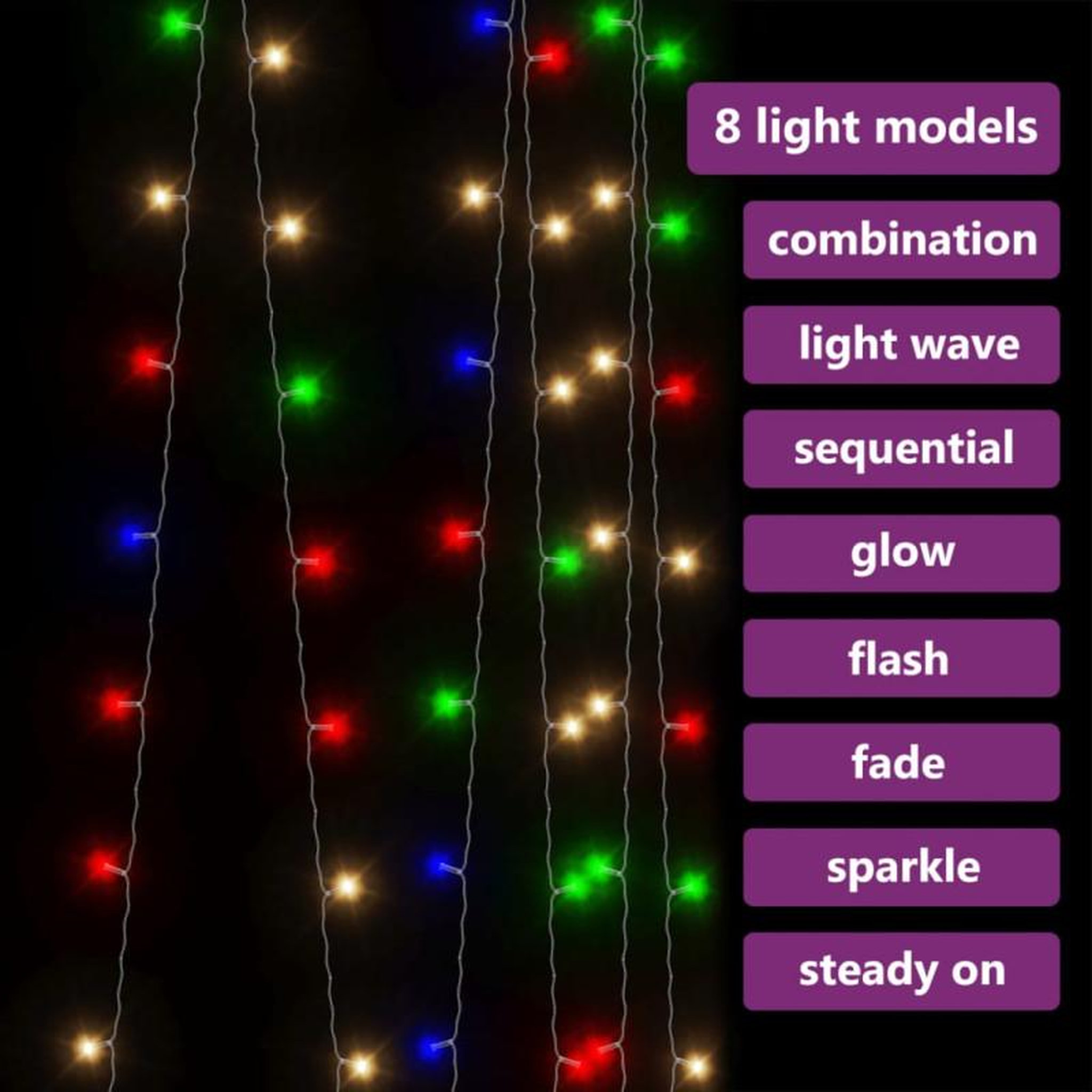 Voir la diapositive 4 : VIDAXL Rideaux lumineux à LED 3x3 m 300 LED Multicolore 8 fonctions