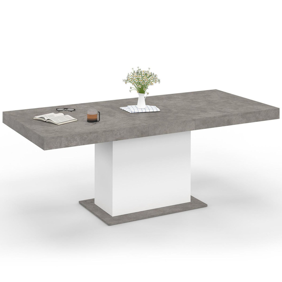 ID MARKET Table à manger extensible rectangle EDEN 6-10 personnes béton et blanc 160-200 cm