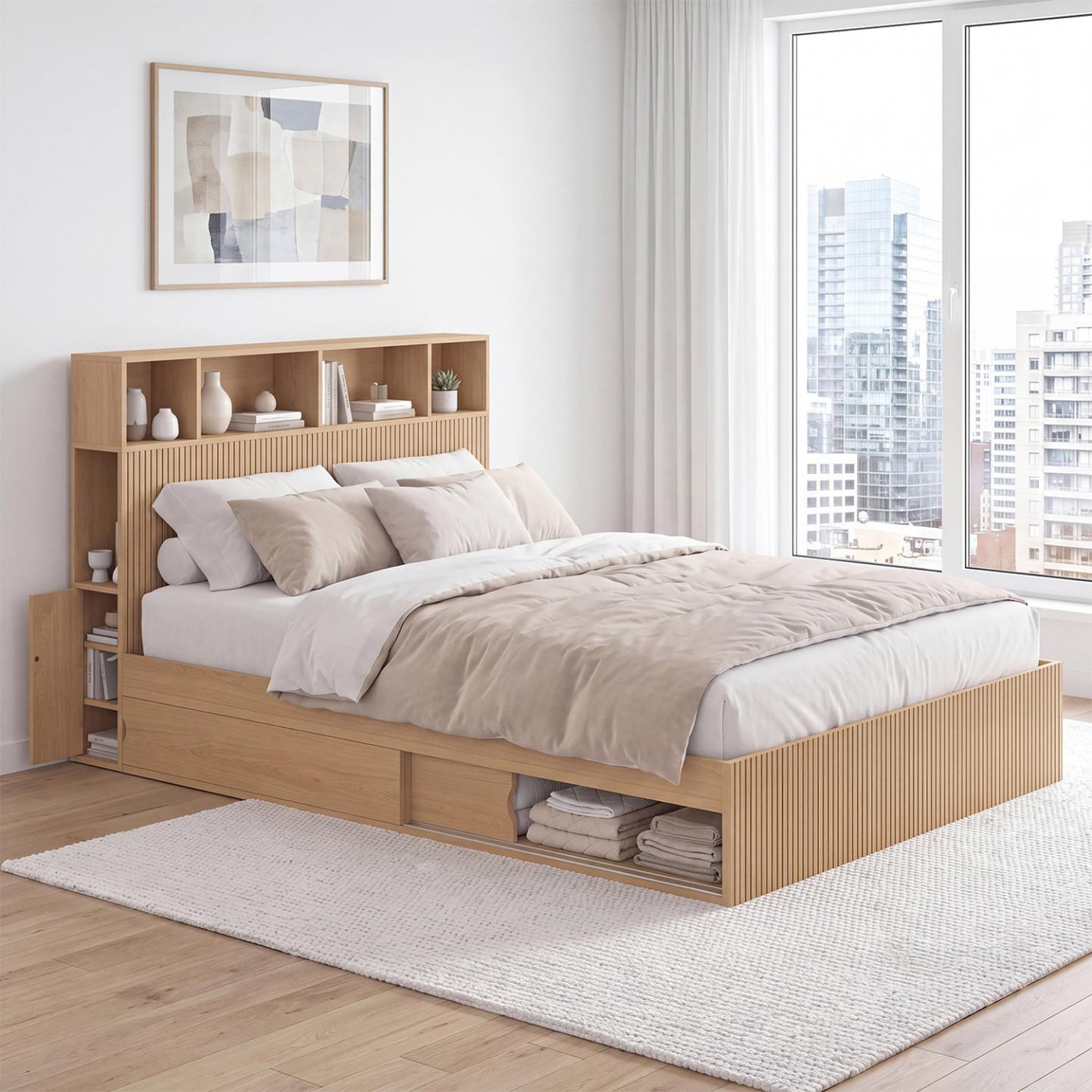 Voir la diapositive 2 : ID MARKET Lit double JULIETTE avec rangements + tête de lit et sommier 140 x 190 cm effet lattes tasseau bois