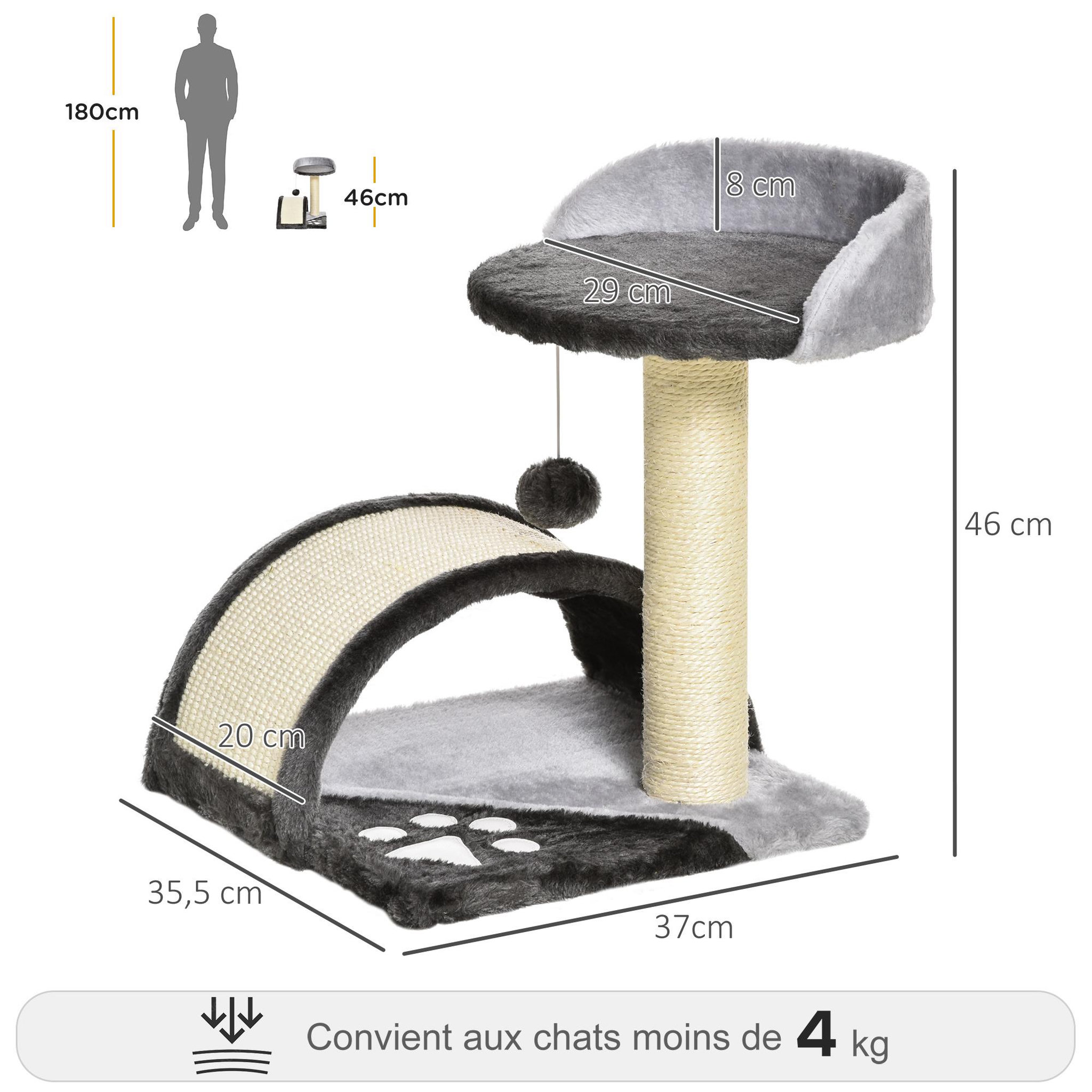 Voir la diapositive 3 : PAWHUT Arbre à chat griffoir grattoir design jeu boule suspendue + plateforme peluche sisal naturel gris