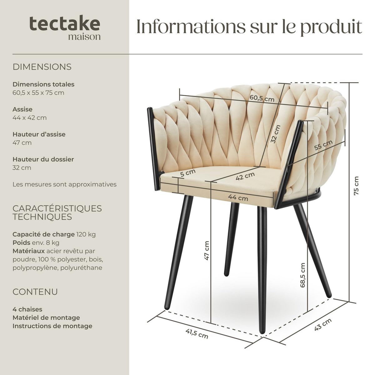tectake Lot de chaises de salle à manger rembourrée avec revêtement en velours et design noué sable Lot de 4