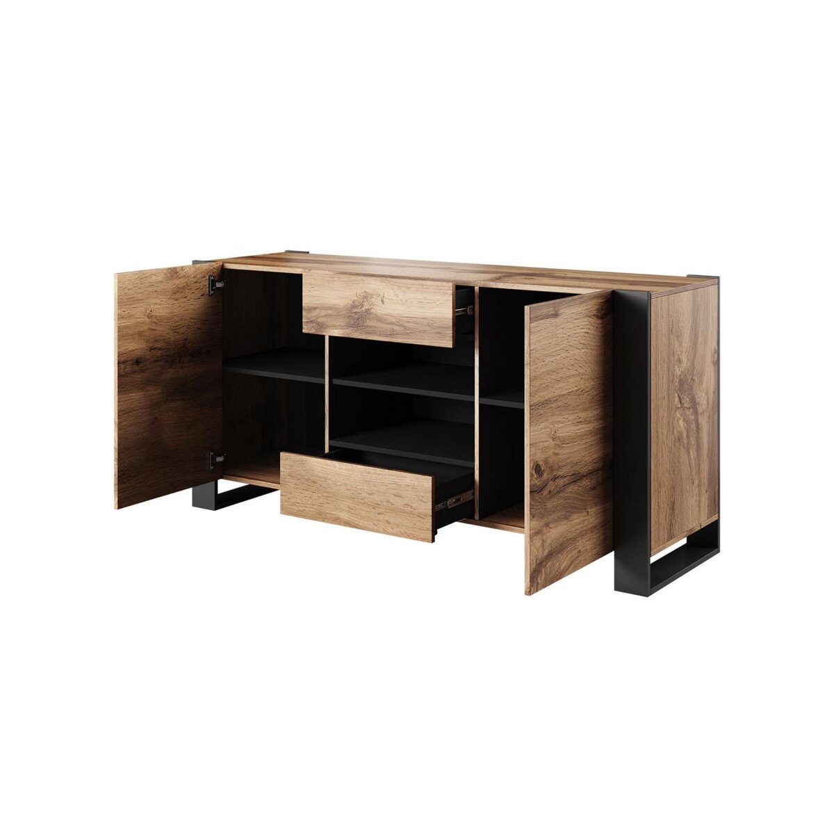 BEST MOBILIER Willow - buffet bas - effet bois et gris - 2 portes, 2 tiroirs et 2 niches - 164 cm