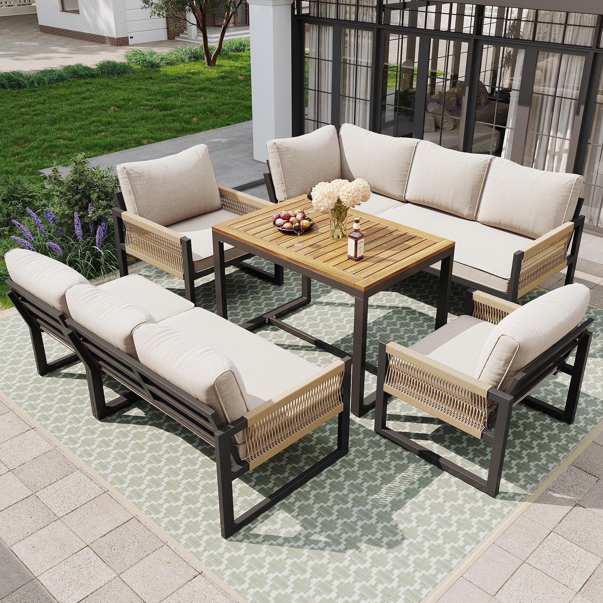 Voir la diapositive 4 : MERAX Salon de jardin repas 8 places en rotin et métal avec canapé d'angle, 3 fauteuils et 1 table, beige