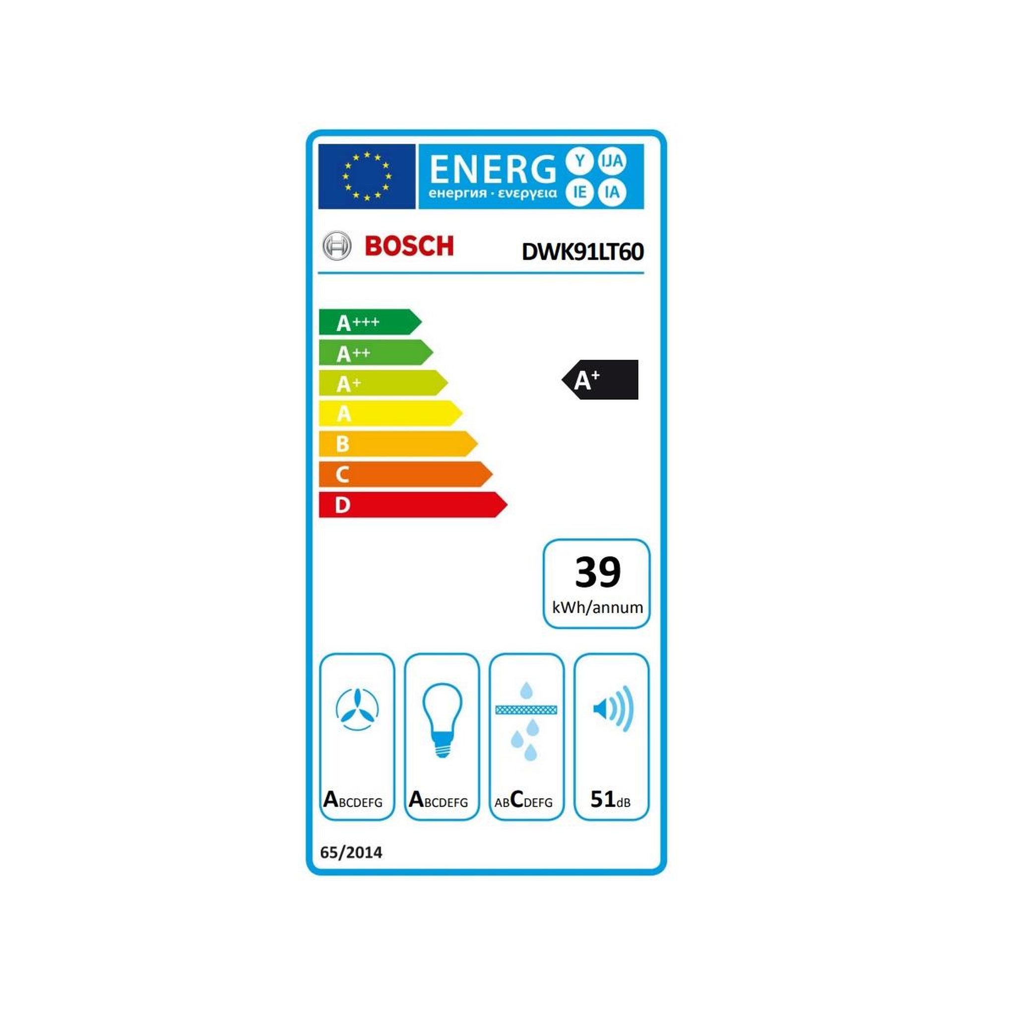 Voir la diapositive 2 : BOSCH Hotte décorative murale 90cm 51db 441m3/h noir - dwk91lt60