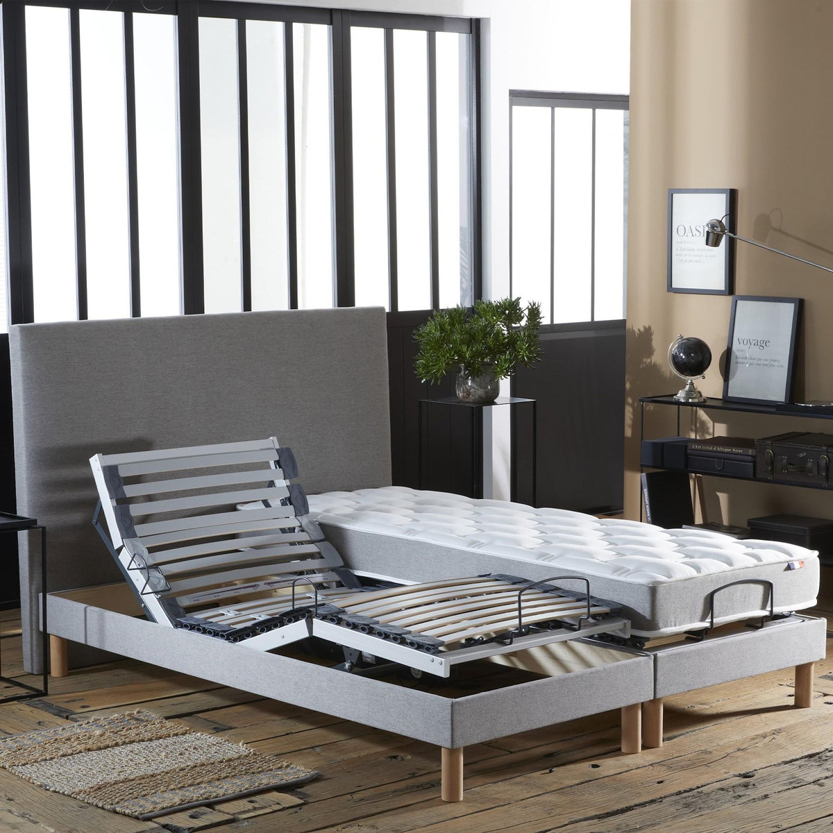 IDLITERIE Ensemble lit électrique relaxation multi lattes + Matelas Mousse 35HR Couleur - Gris Clair, - 2x80 x 200 cm