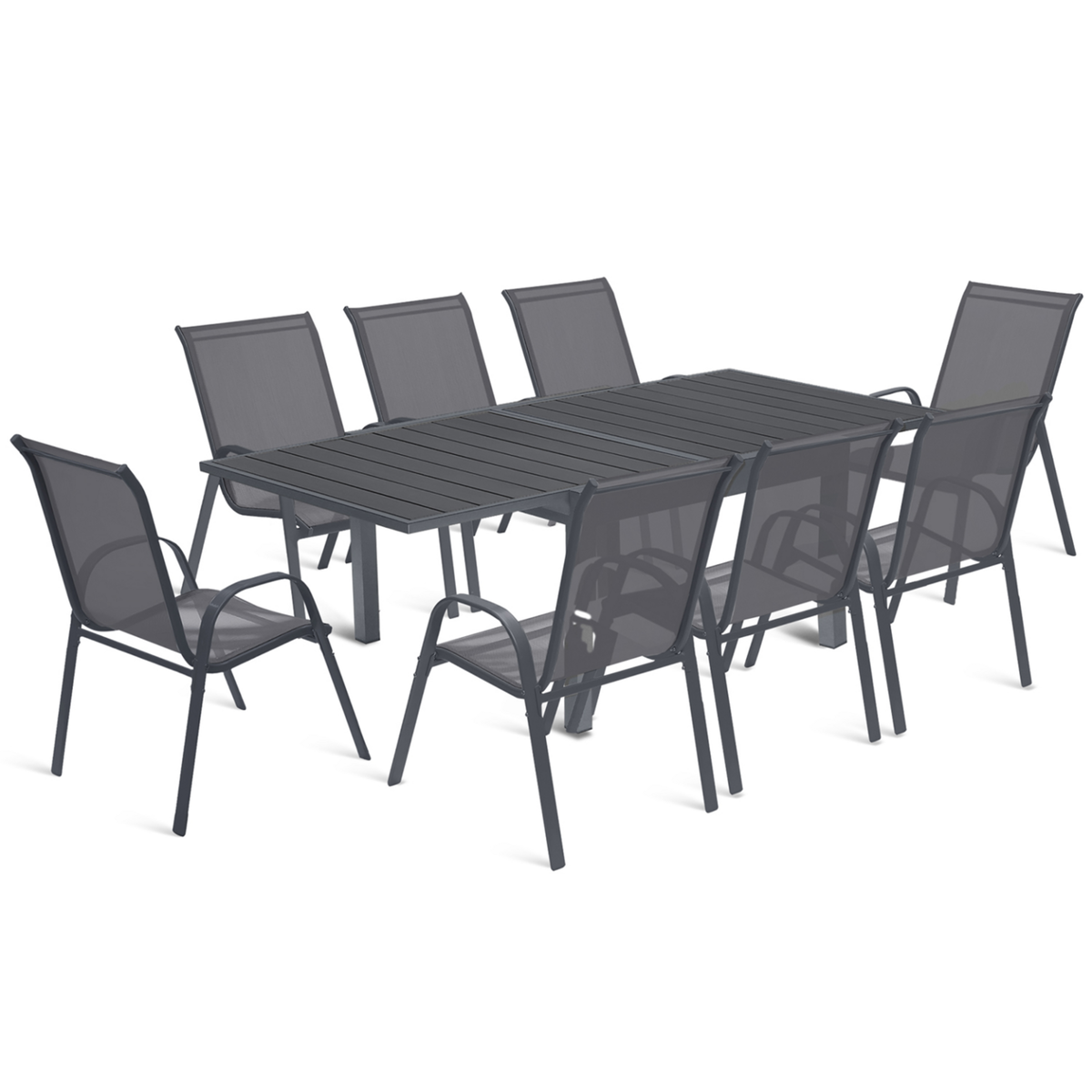 ID MARKET Salon de jardin POLY extensible table 90-180 CM et 8 chaises gris foncé