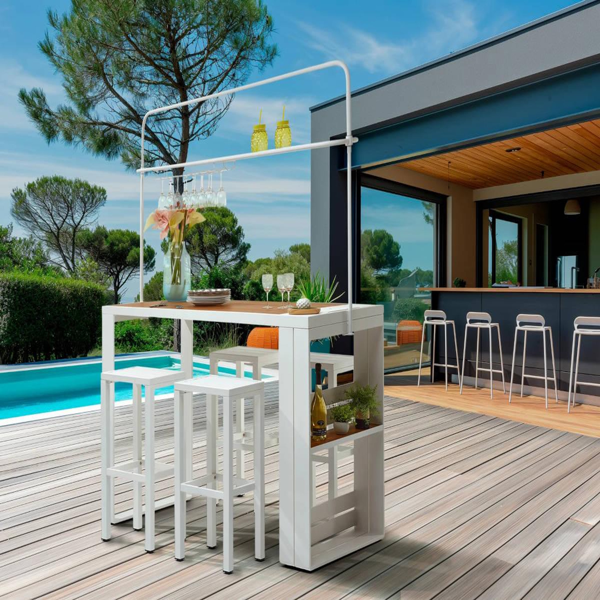 Voir la diapositive 2 : Jardiline Ensemble table de bar cannes + 4 tabourets empilables - jardiline