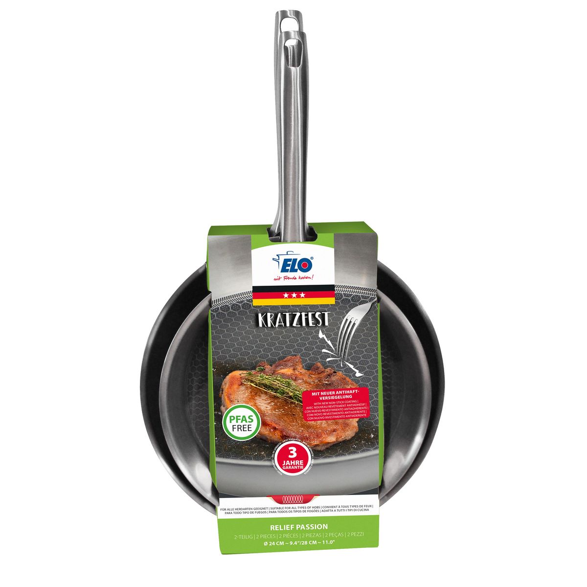 ELO Set de 2 poêles 24 et 28 cm en acier inoxydable et revêtement sans PFAS Elo Relief Passion