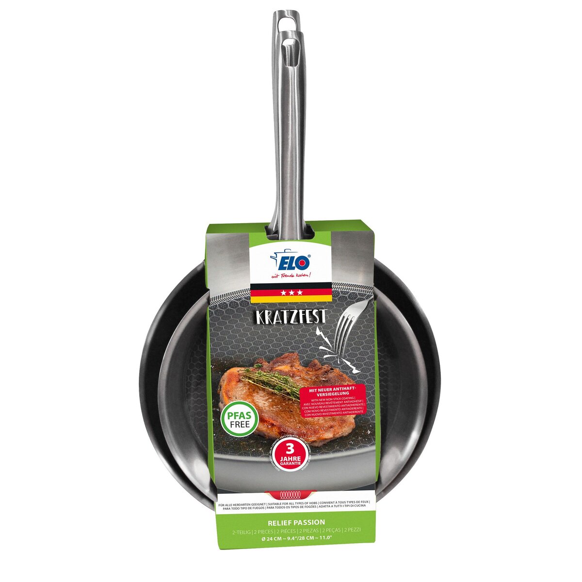 ELO Set de 2 poêles 24 et 28 cm en acier inoxydable et revêtement sans PFAS Elo Relief Passion