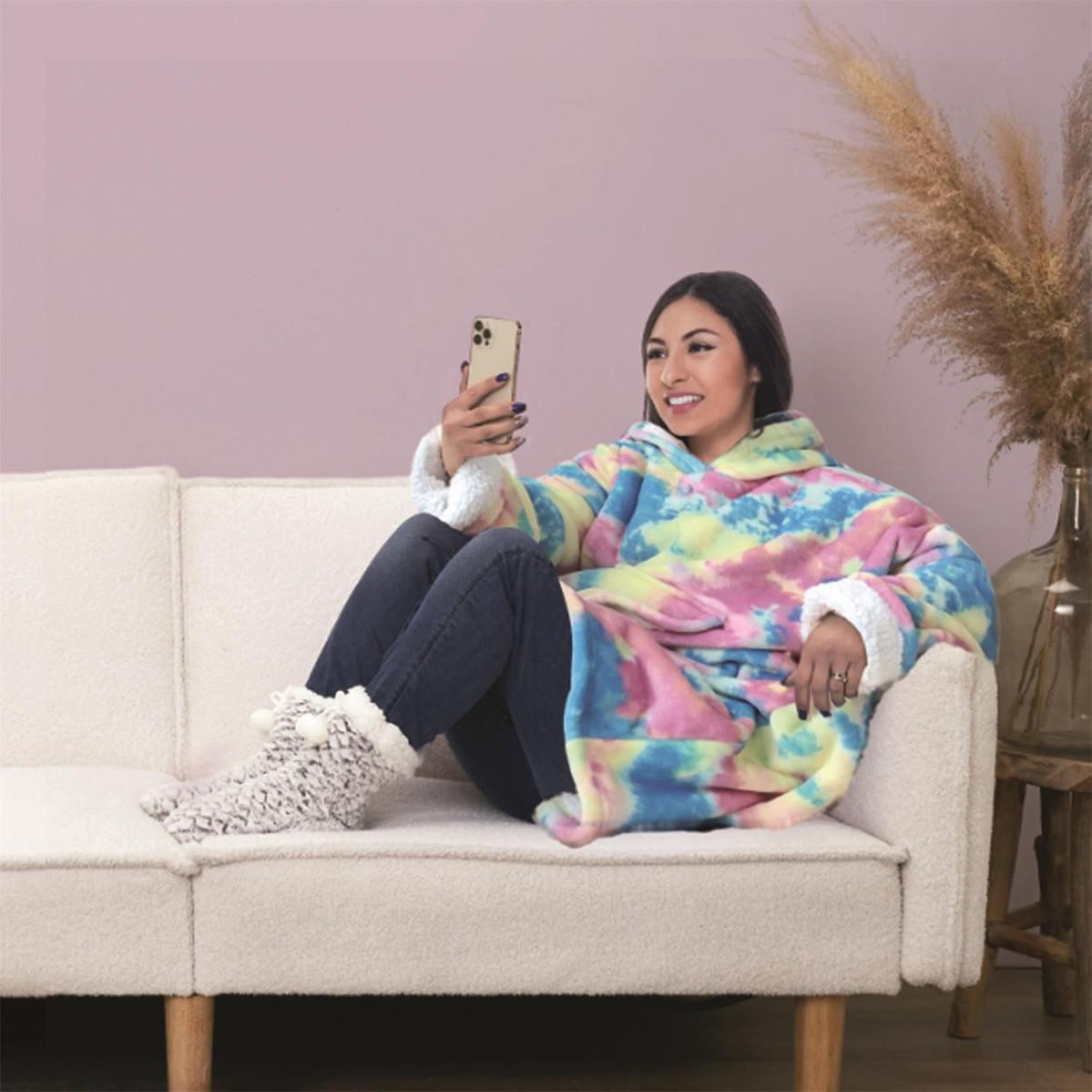 Voir la diapositive 4 : The Home Deco Factory Sweat à capuche  sherpa  85x118cm tie and dye