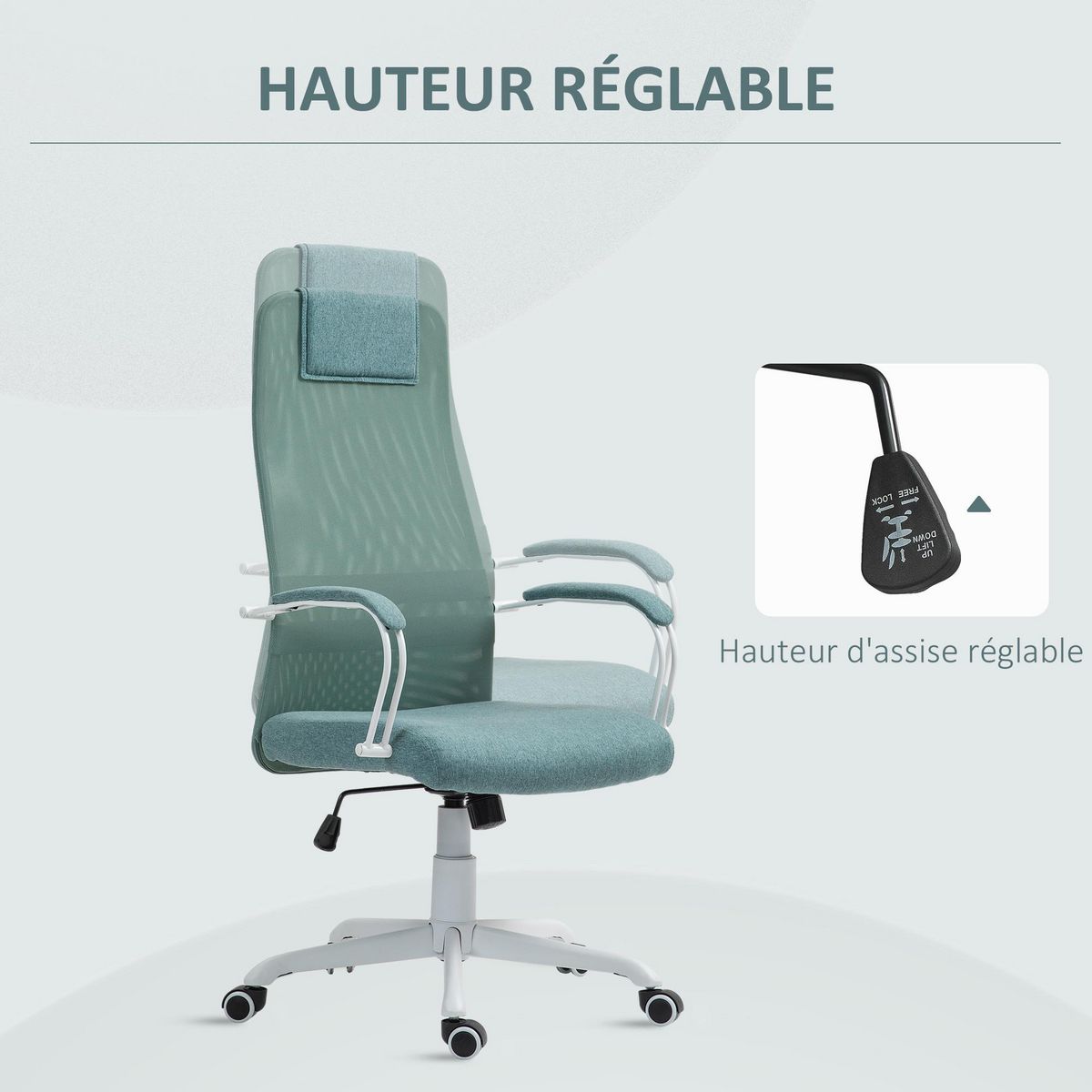HOMCOM Chaise de bureau design contemporain fonction bascule réglable tissu maille vert d'eau