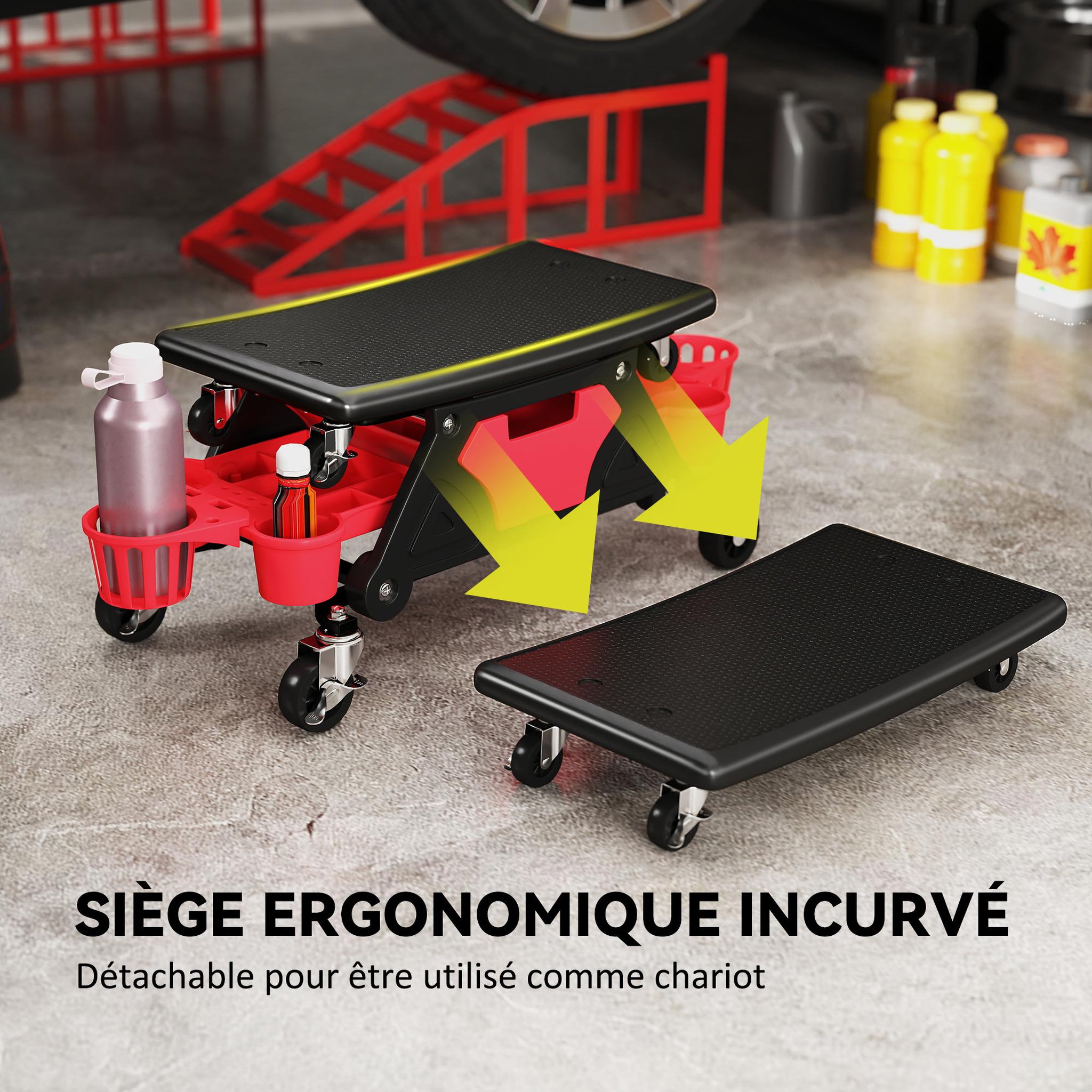 Voir la diapositive 4 : HOMCOM Tabouret d'atelier mobile chariot de mécanicien 2 en 1 - 3 plateaux outils - noir rouge