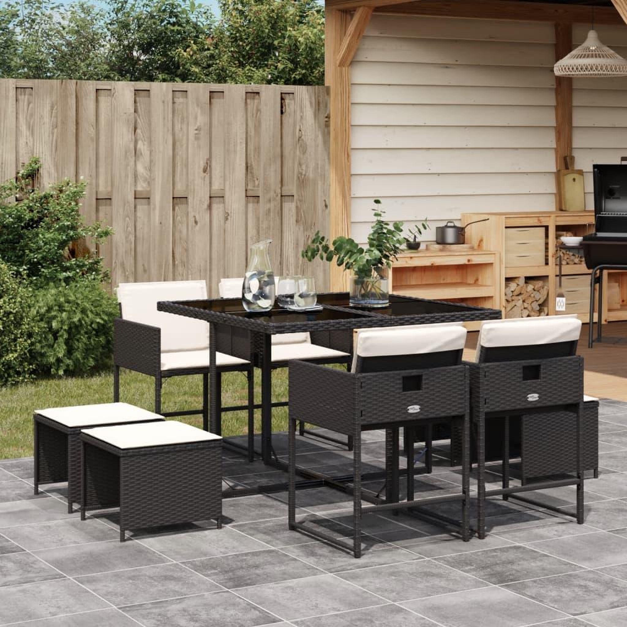 VIDAXL Ensemble a manger de jardin 9pcs coussins noir resine tressee