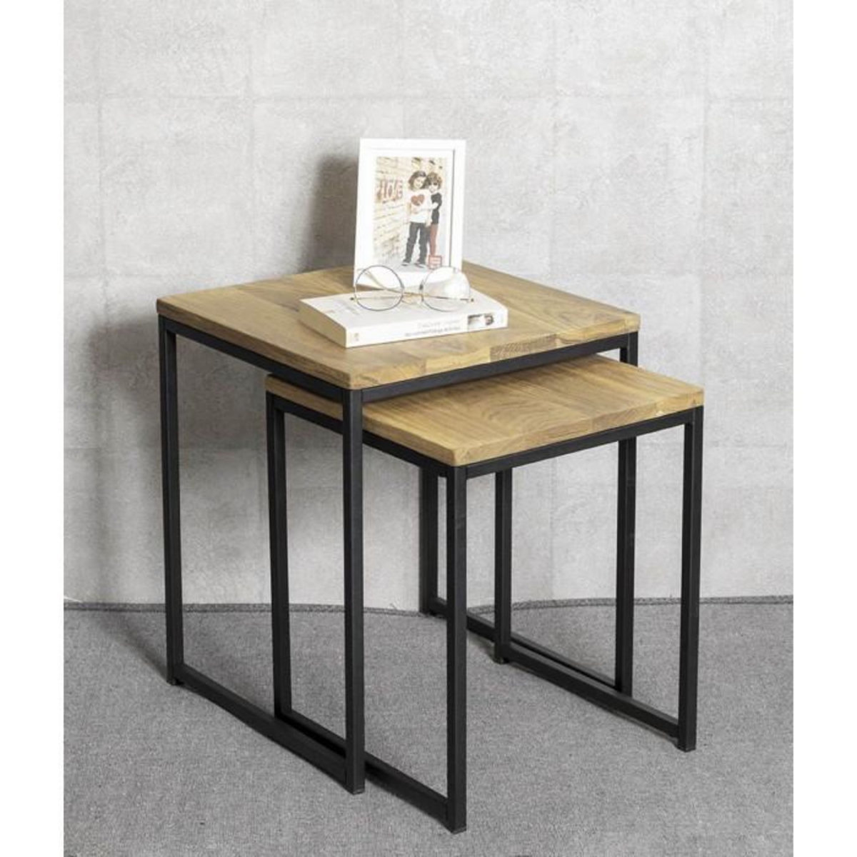Paris Prix Lot de 2 Tables Gigognes  Pika  46cm Chêne & Noir