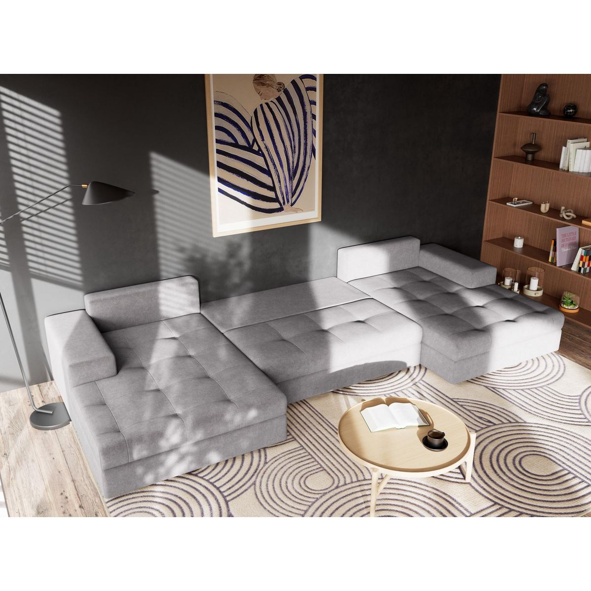 BEST MOBILIER Bastian - canapé panoramique en u 7 places convertible avec coffre en velours texturé