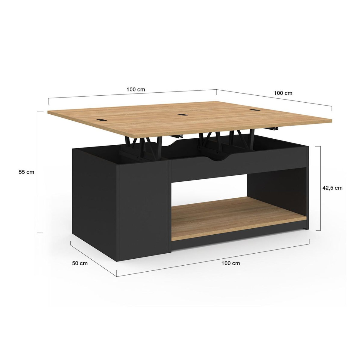 ID MARKET Table basse plateau relevable rectangulaire convertible en table à manger ELEA 100 cm bois noir et façon hêtre
