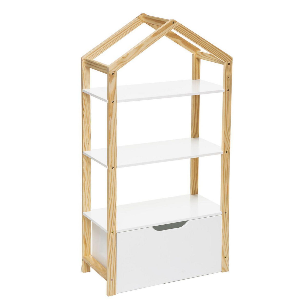 ATMOSPHERA Bibliothèque Maison 3 étages avec tiroir de rangement en Bois de Pin - Hauteur 120,50 cm - Blanc et bois