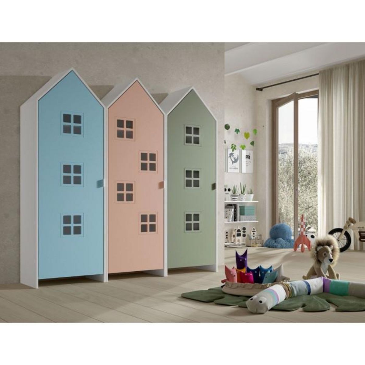 Paris Prix Pack - 3 Armoires Enfant  Casami Bruges  171cm Bleu, Rose & Vert