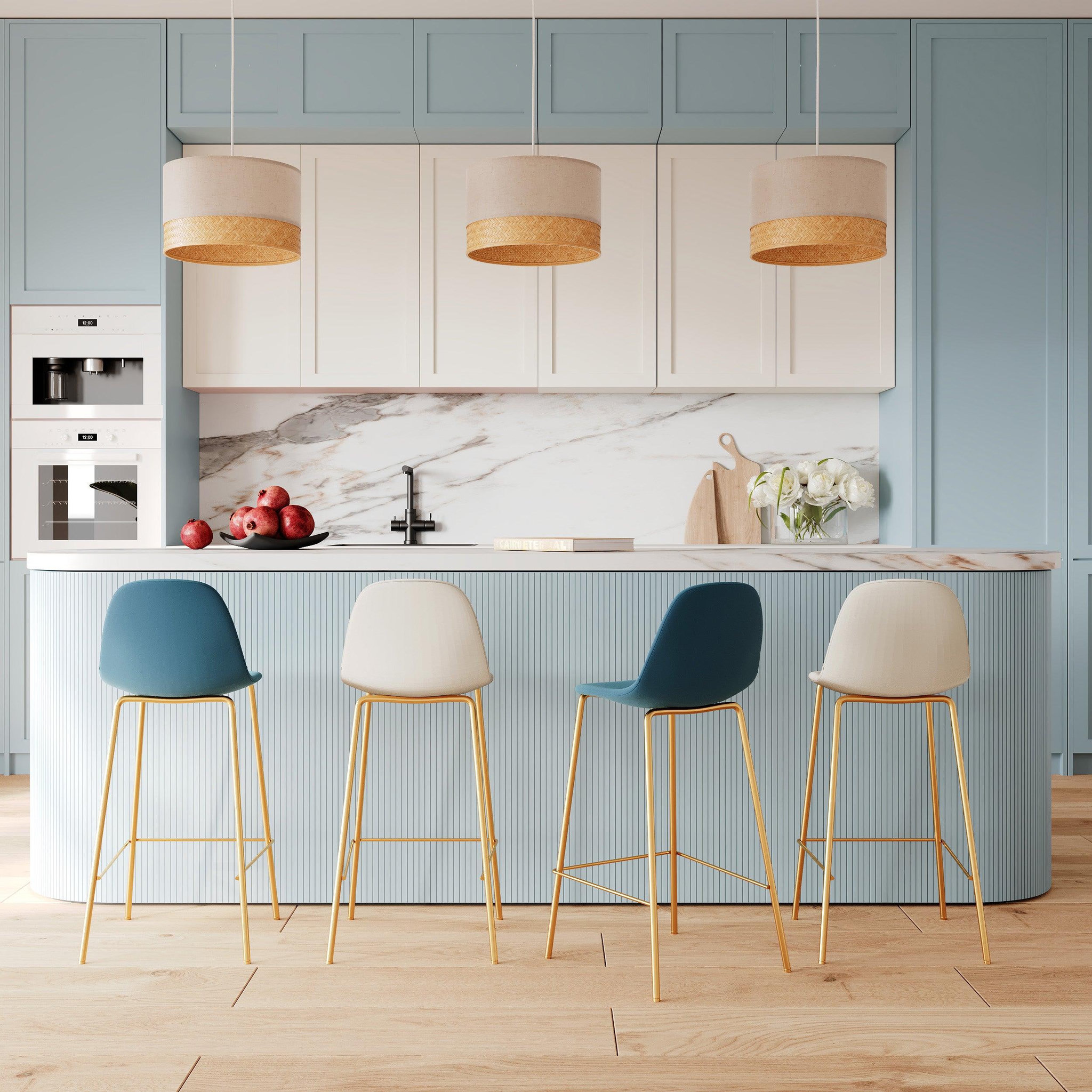 Voir la diapositive 2 : MAISON PAVANE Pack 4 chaises pour îlot central blanches et bleues 65 cm-henrik