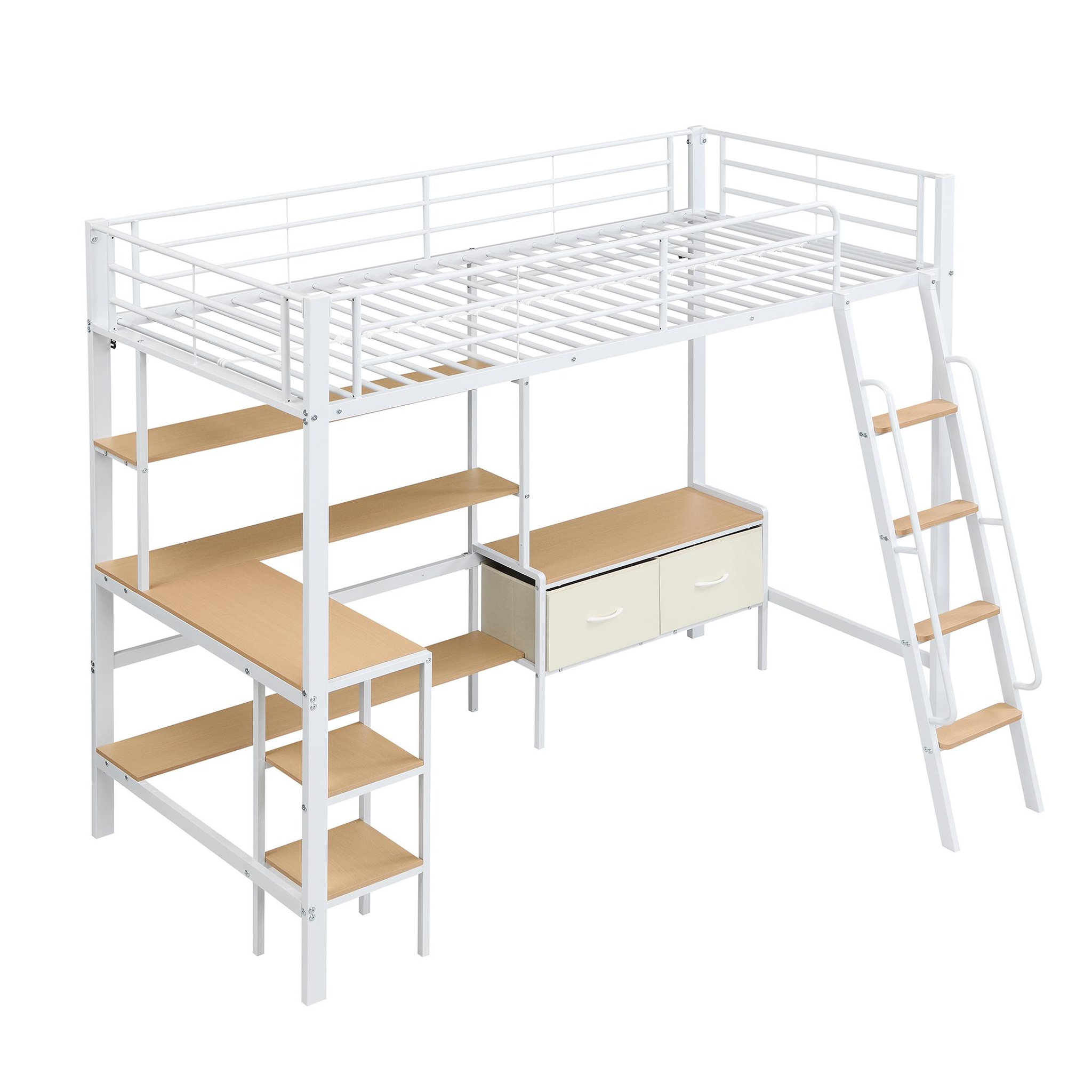 Voir la diapositive 6 : MERAX Lit mezzanine 90x200 cm avec bureau rangement étagère et échelle inclinée en métal blanc