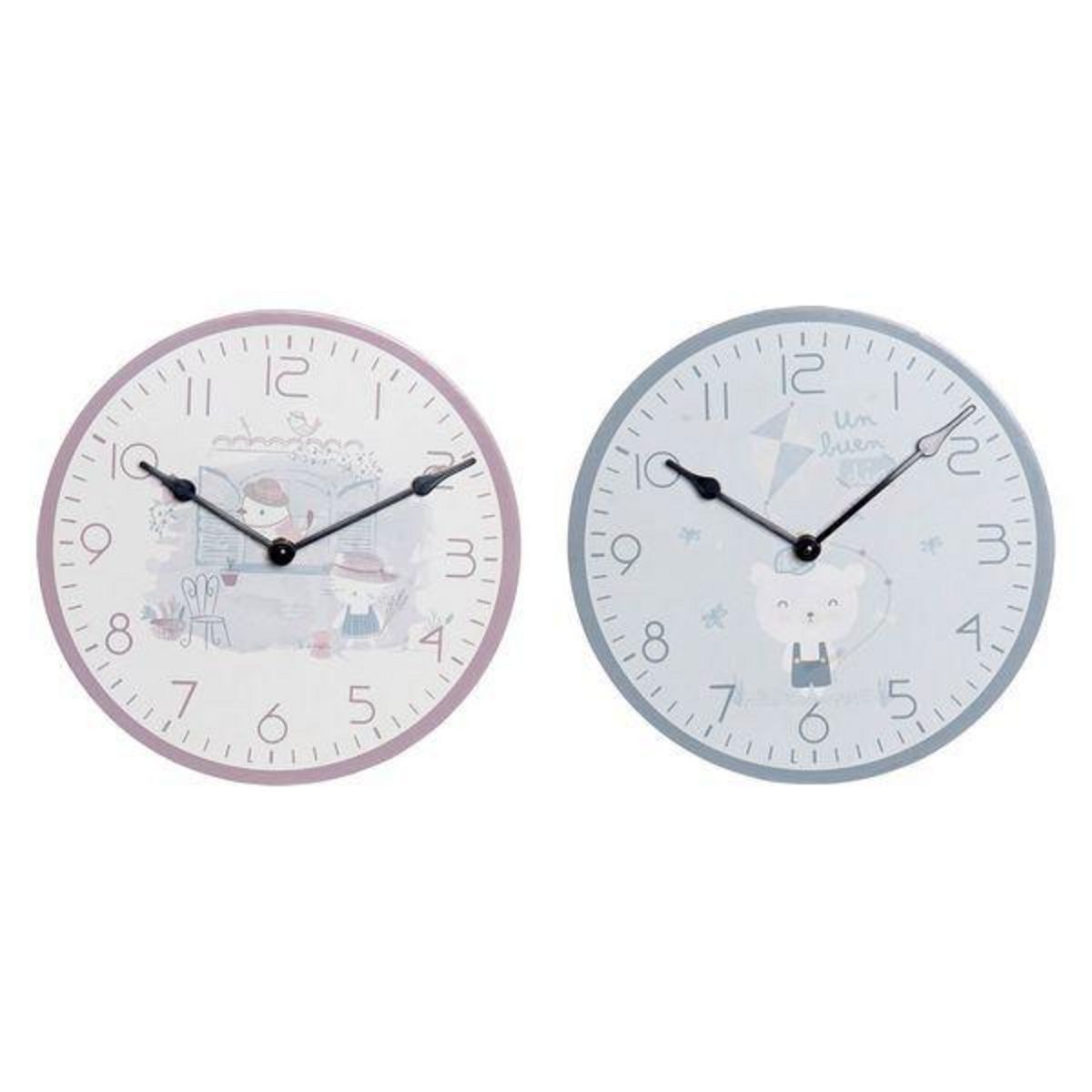 AAAAA Horloge Murale DKD Home Decor Bleu Rose Bois Métal Plastique Bois MDF Enfant Oiseau 24 x 3 x 24 cm (2 Unités)