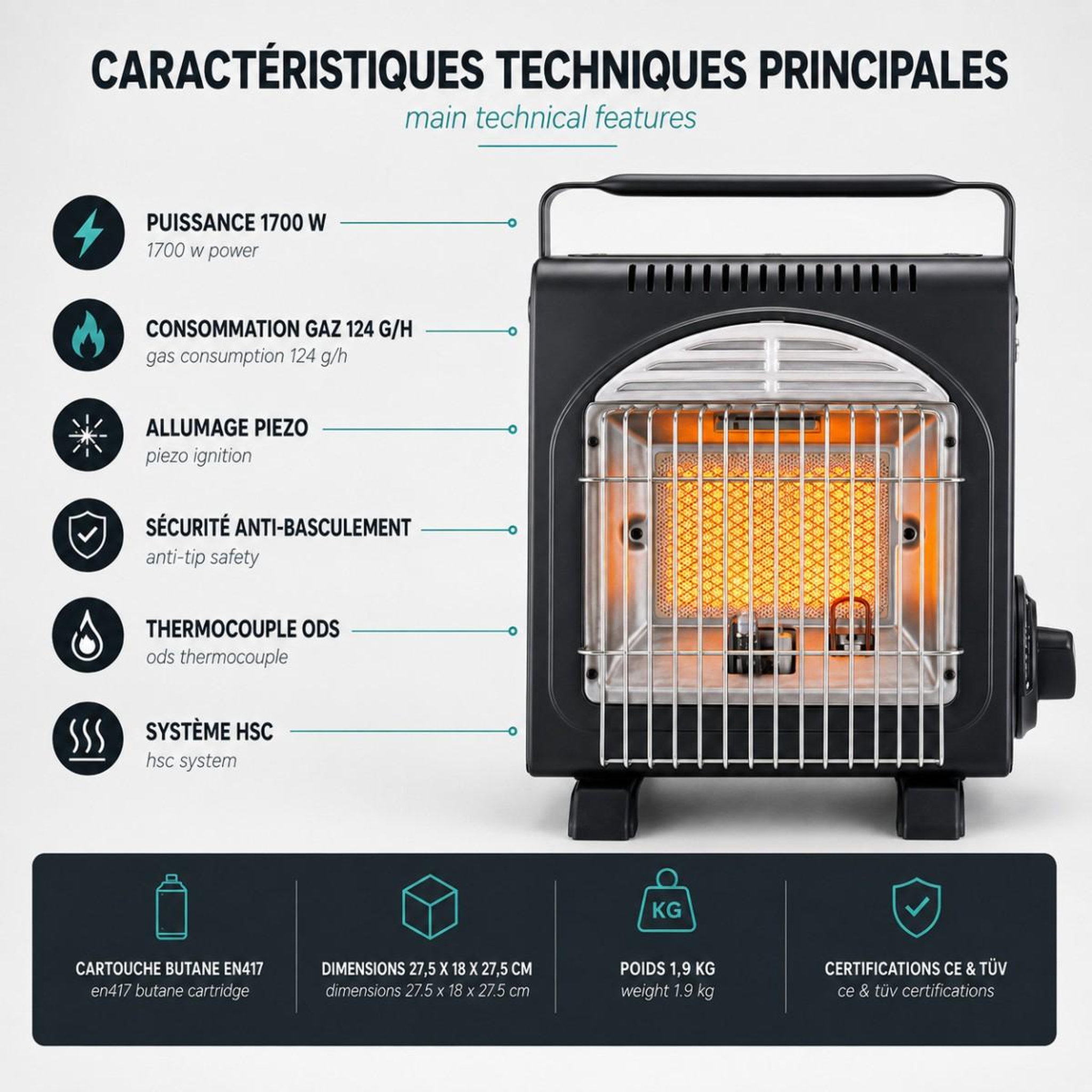 Voir la diapositive 3 : INTEC Chauffage à gaz portable 1700w fuego + 8 cartouches butane en417 piezo hsc ods anti-basculement intec