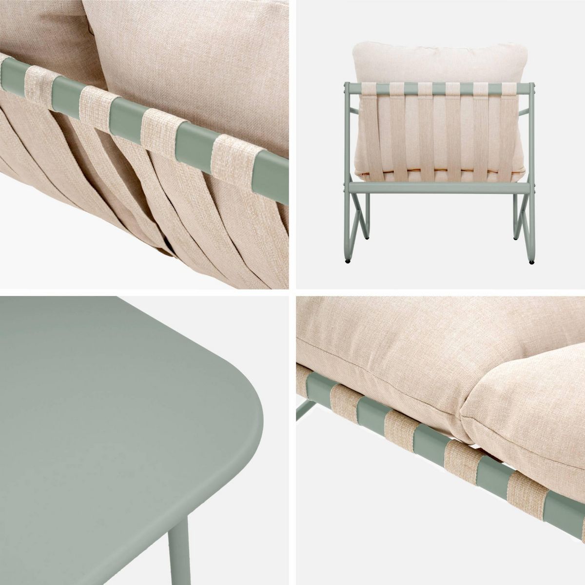 SWEEEK Salon de jardin 4 places avec table en métal, avec dossier et assise maintenus par des sangles