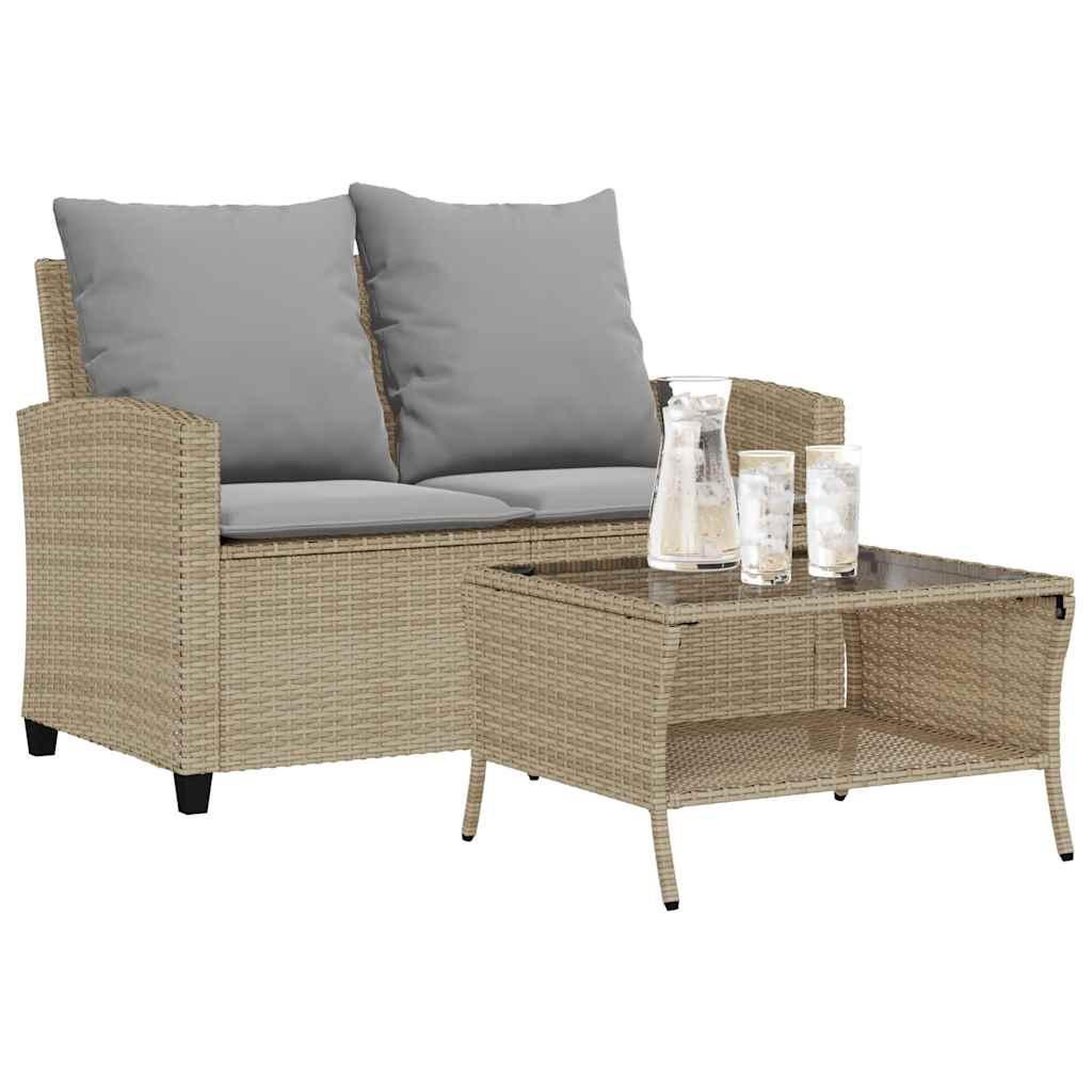 VIDAXL Canape de jardin 2places coussins et table beige resine tressee