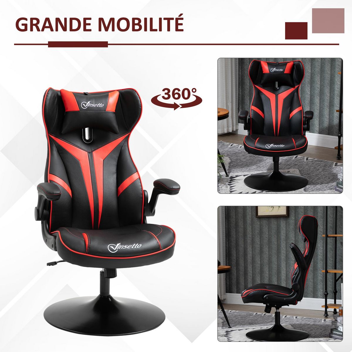 VINSETTO Fauteuil gaming base ronde métal pivotante 360° hauteur réglable tétière accoudoirs relevables PVC rouge noir