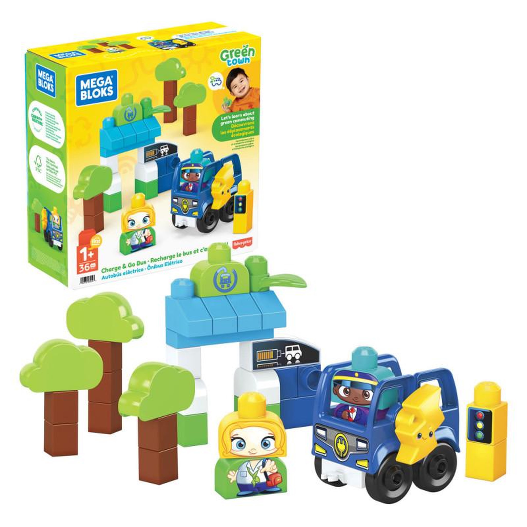 Voir la diapositive 3 : MEGA BLOKS Mega Bloks Green Town Charge and Drive Bus HDX90