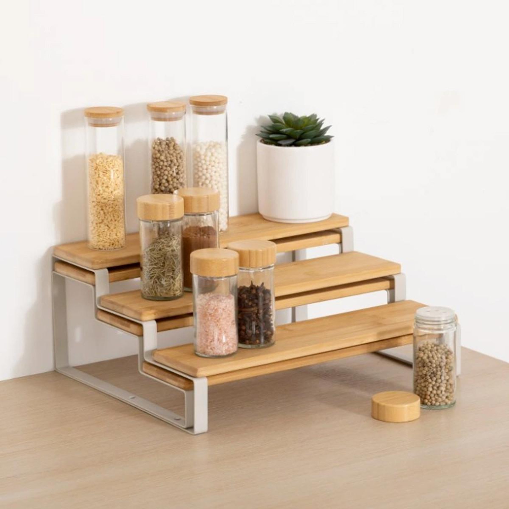 Voir la diapositive 3 : FIVE Lot de 2 étagères à épices en bambou  ordera  32cm naturel & blanc