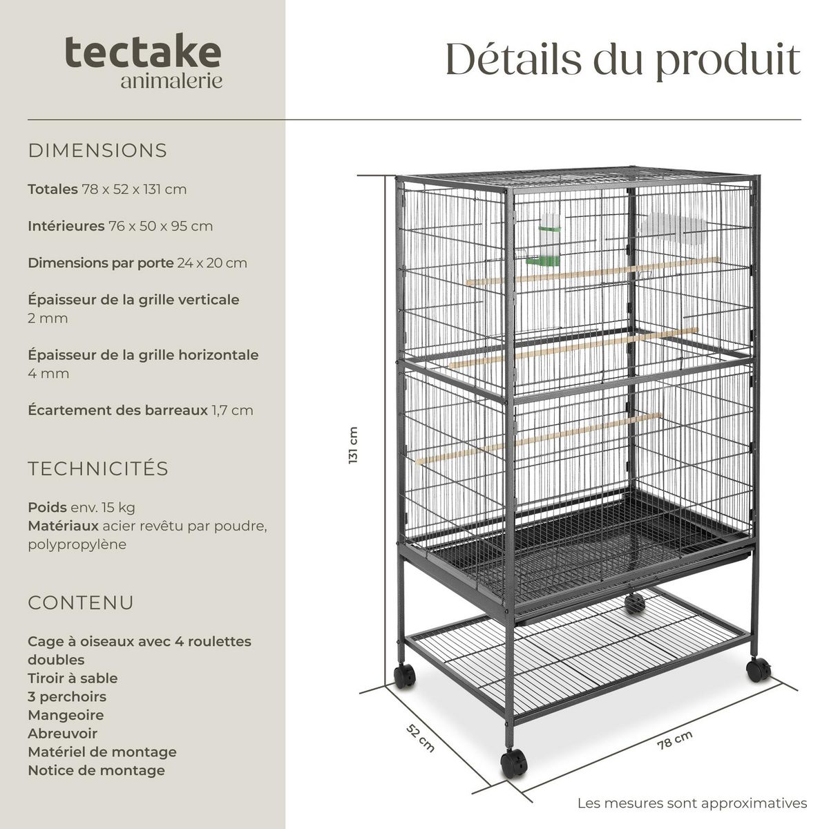 tectake Cage à oiseaux en finition martelée gris anthracite