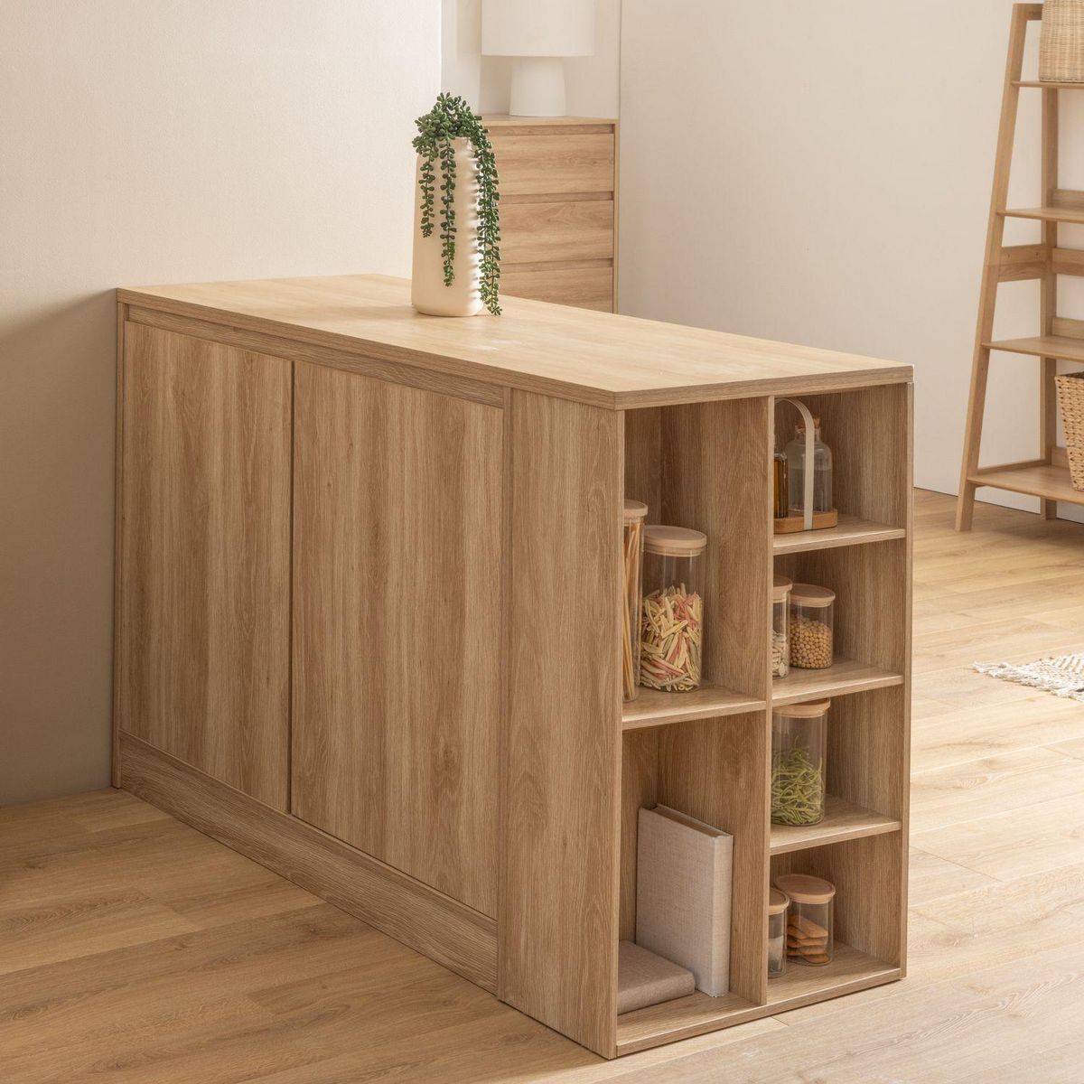 FIVE Ilot central 2 portes et 6 niches effet bois naturel ABANA - Beige