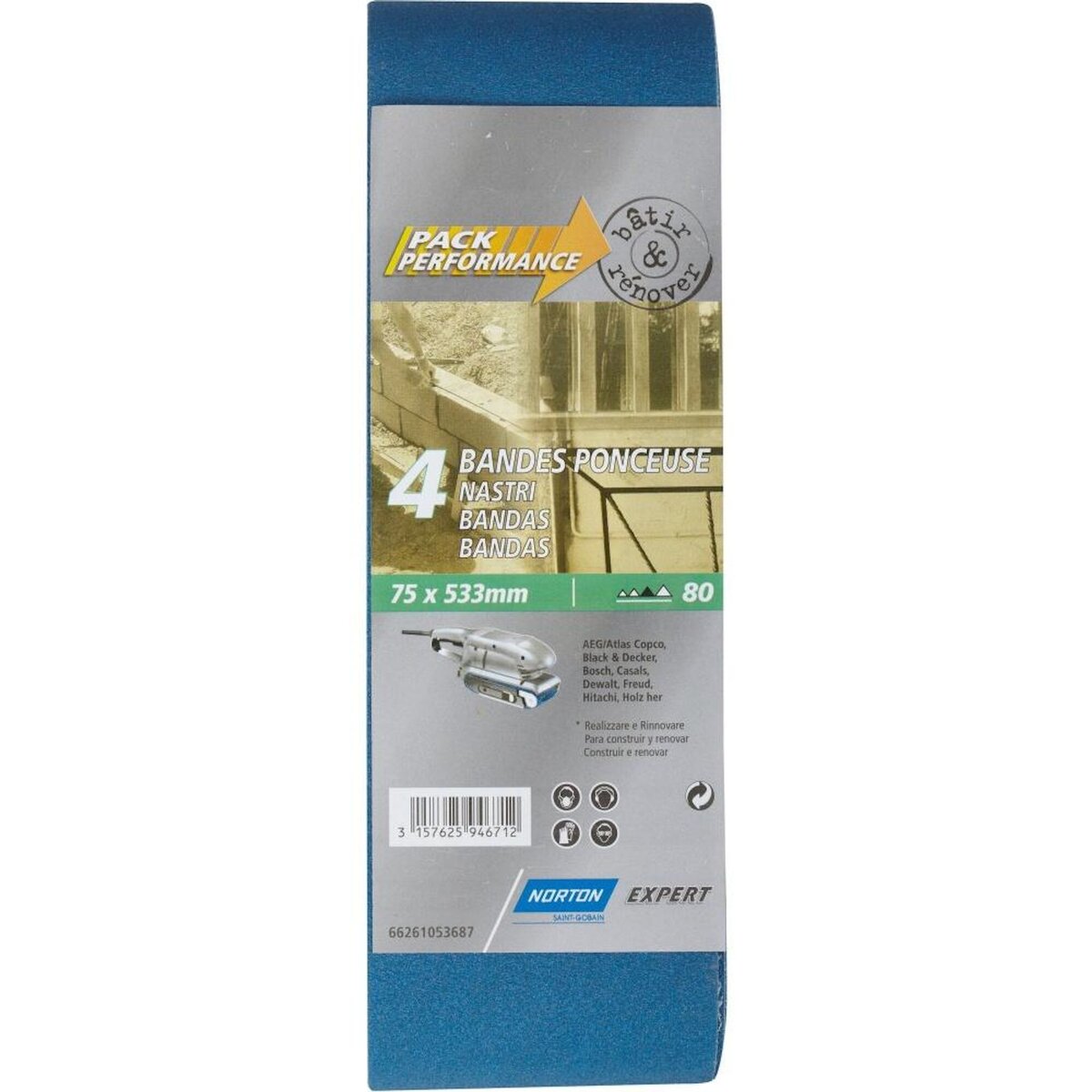 Norton Lot de 4 bandes abrasives NORTON, 75 x 533 mm, grains 80