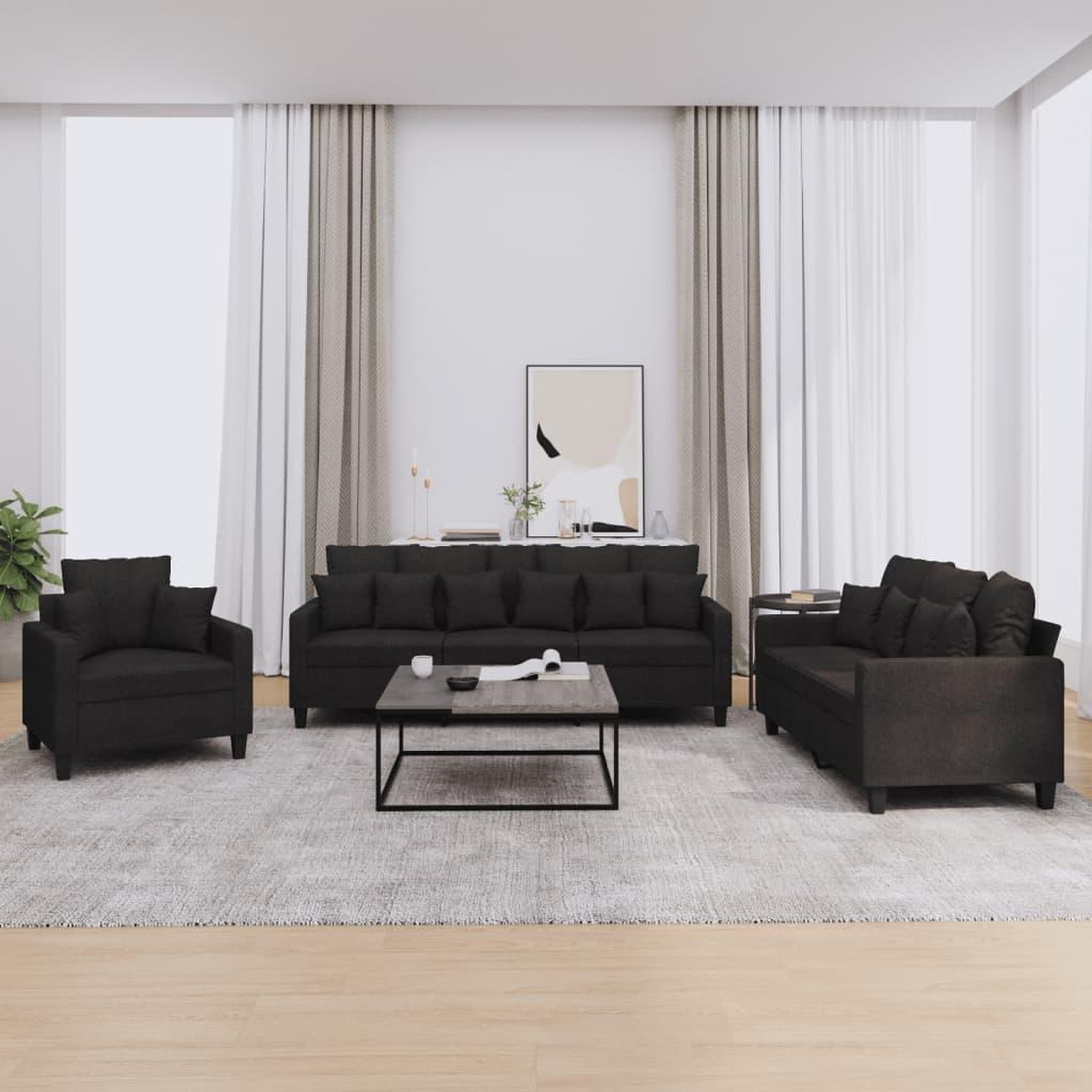 VIDAXL Ensemble de canapes 3 pcs avec coussins noir tissu