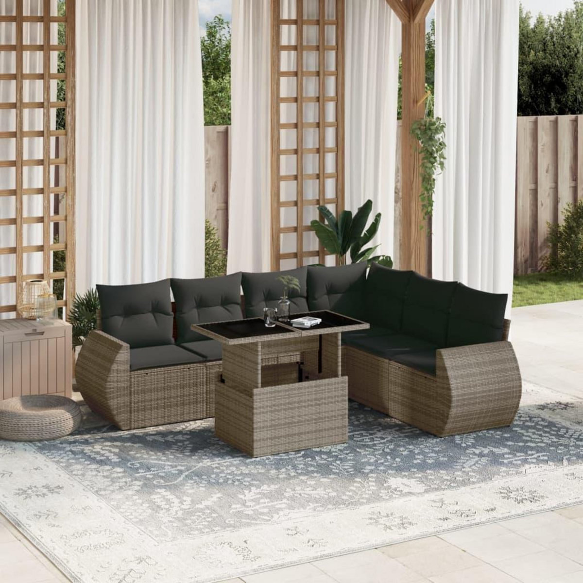 VIDAXL Salon de jardin avec coussins 7 pcs gris resine tressee