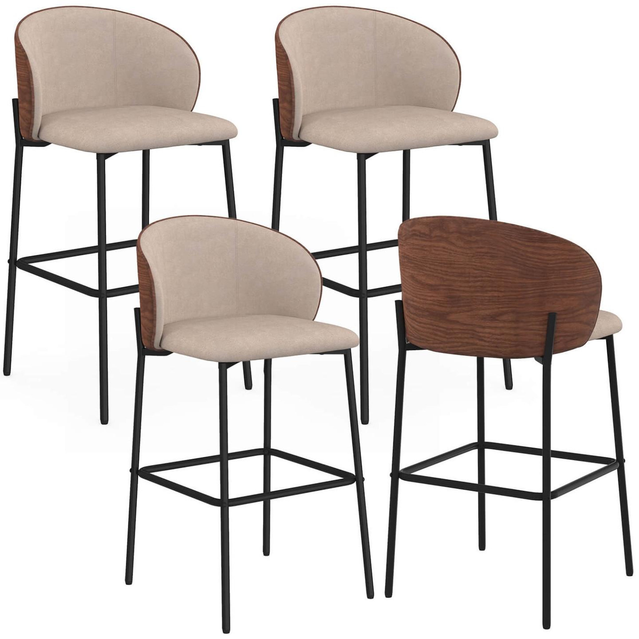 ID MARKET Lot de 4 tabourets de bar PENNY en tissu taupe, dossier effet noyer et pieds en métal noir