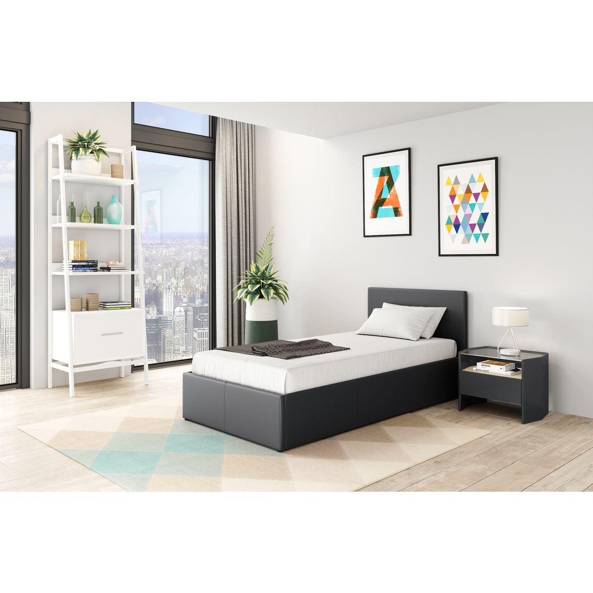 Ensemble matelas 90x190cm + Lit coffre 90x190cm sommier inclus avec tête de lit WILLOW gris