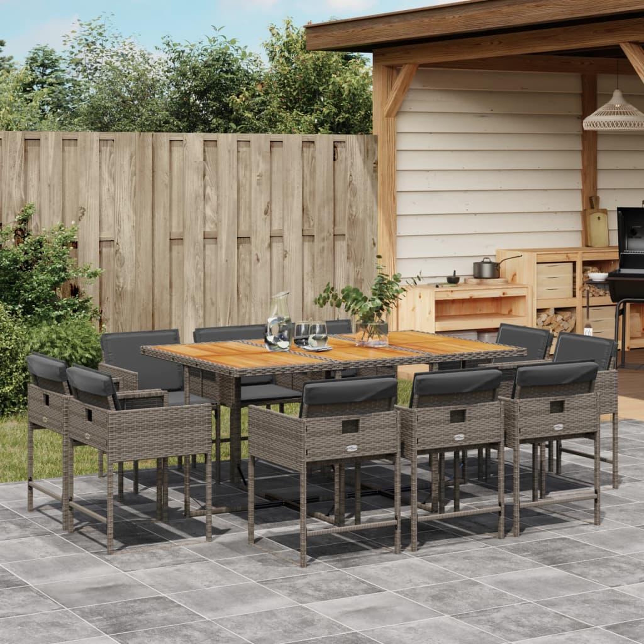 VIDAXL Ensemble a manger de jardin 11pcs avec coussins gris poly rotin