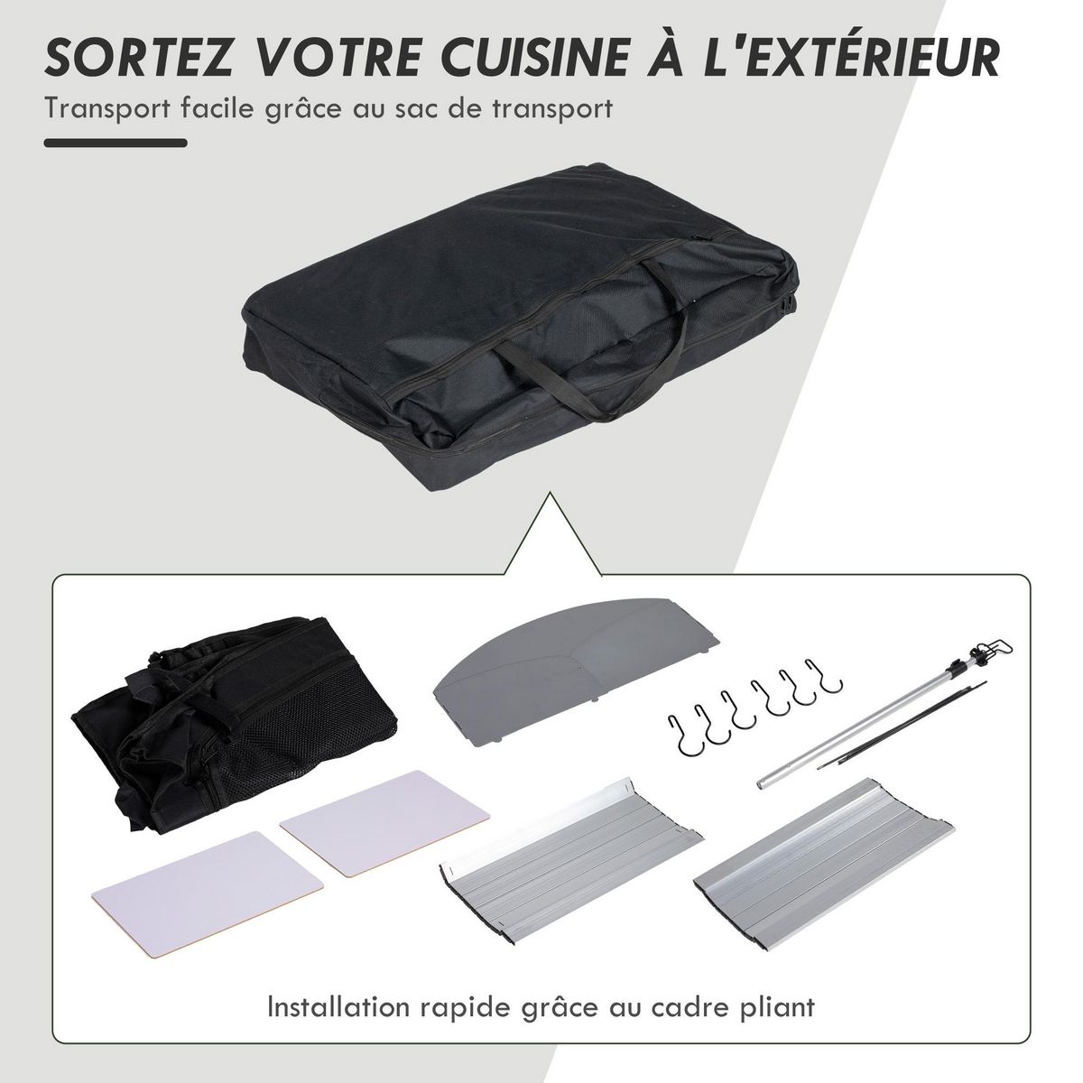 OUTSUNNY Rangement cuisine de camping pliable étagères tablette station de cuisson alu tissu noir