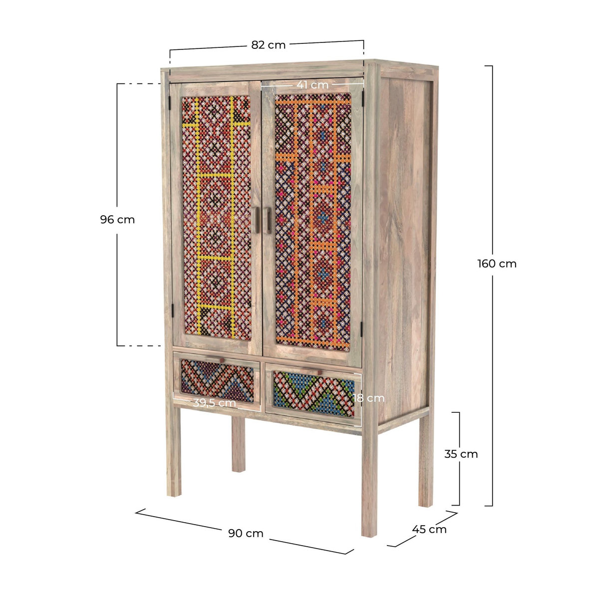 MAISON PAVANE Armoire 2 portes 2 tiroirs en manguier et cannage coloré-Massaï