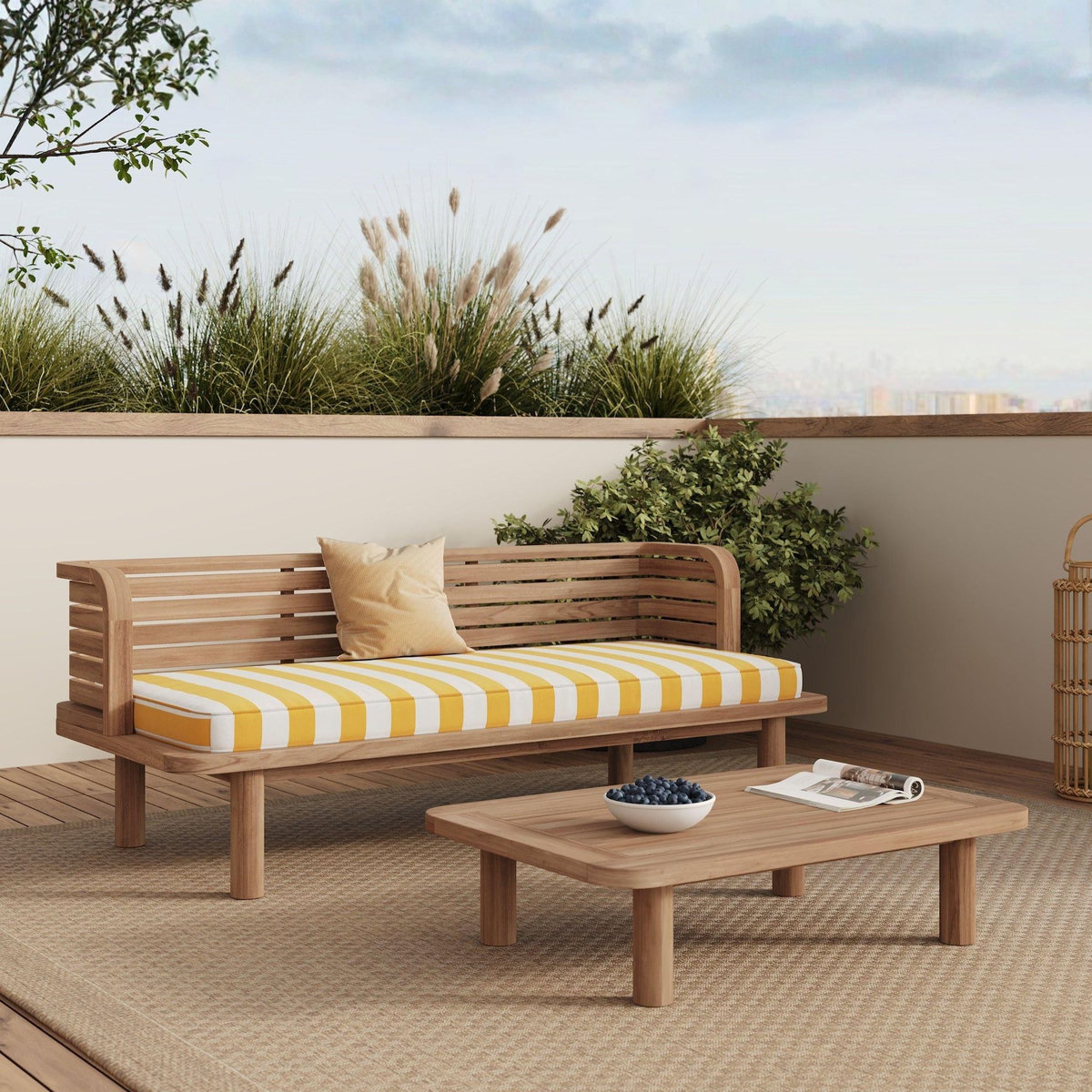 Rendez vous déco Salon de jardin 2 places en teck et tissu rayé jaune, canapé-Kilda