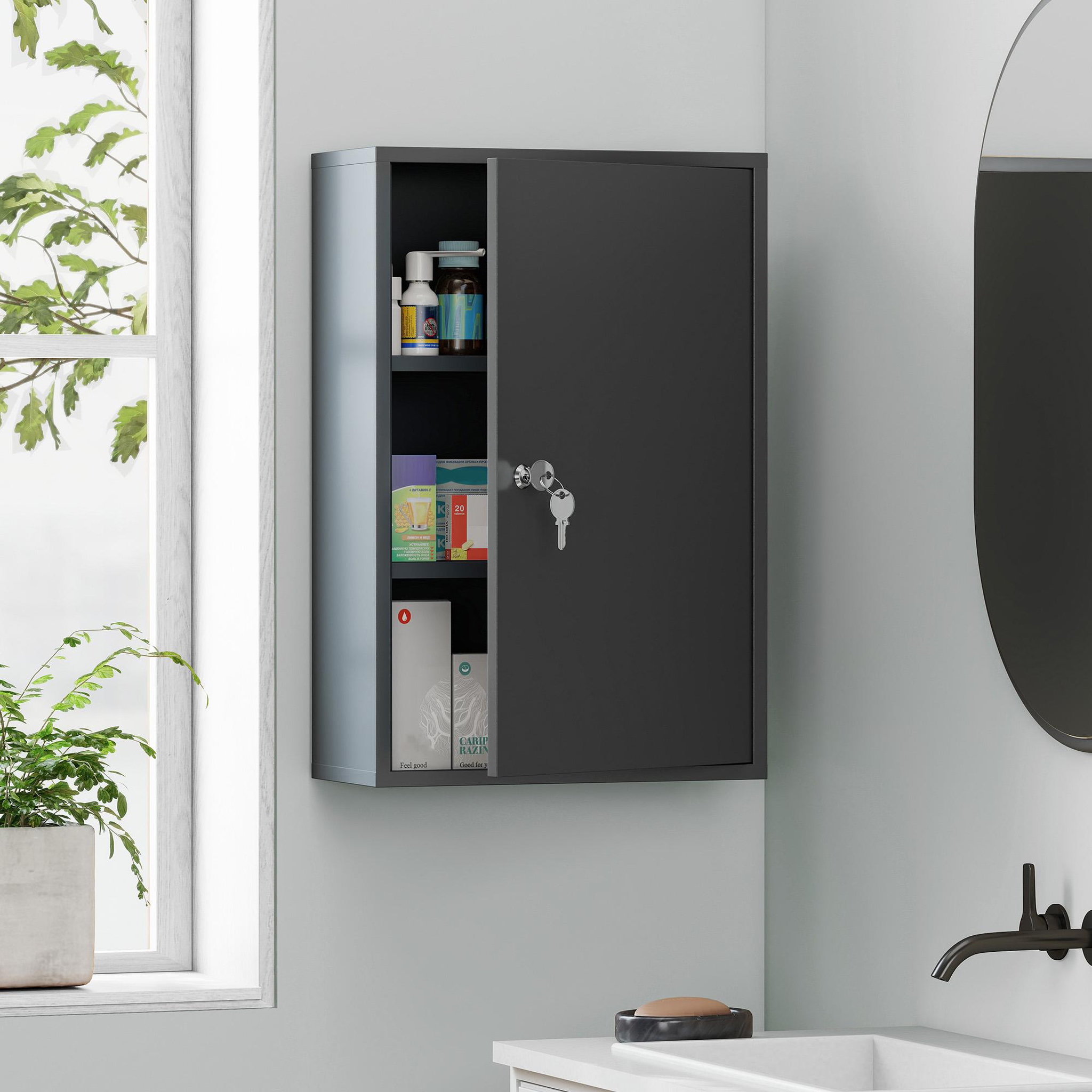 Voir la diapositive 2 : KLEANKIN Armoire à pharmacie 2 étagères 3 niveaux verrouillable dim. 40L x 18l x 60H cm 2 clés métal gris