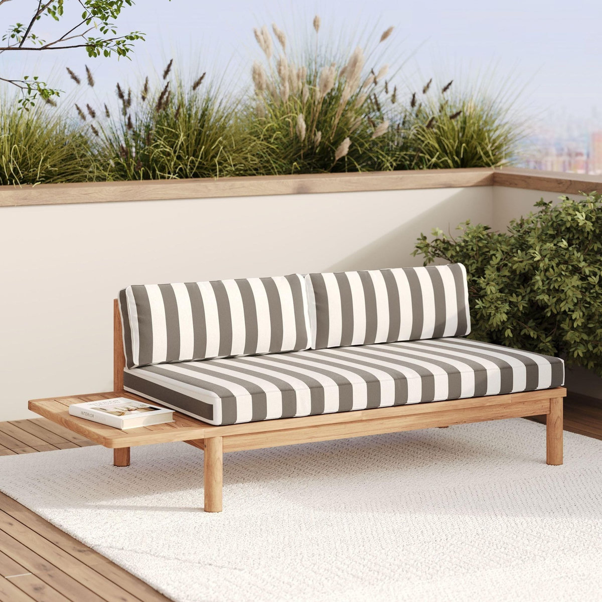 Rendez vous déco Canapé de jardin en teck massif et coussins rayés gris 2 places-Nadila