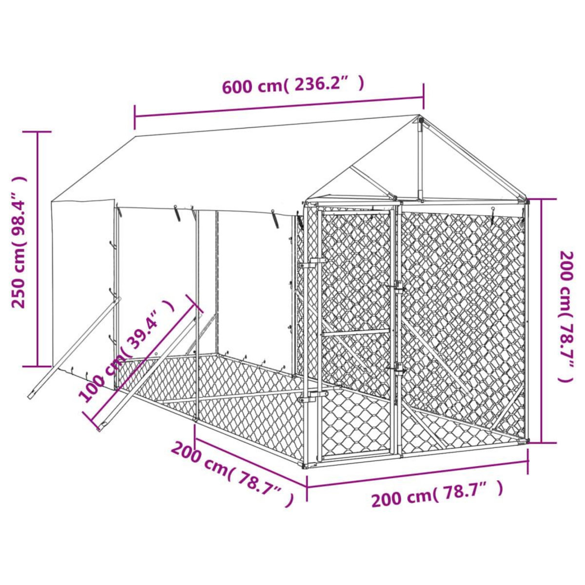 VIDAXL Chenil d'exterieur pour chiens avec toit argente 2x6x2,5 m
