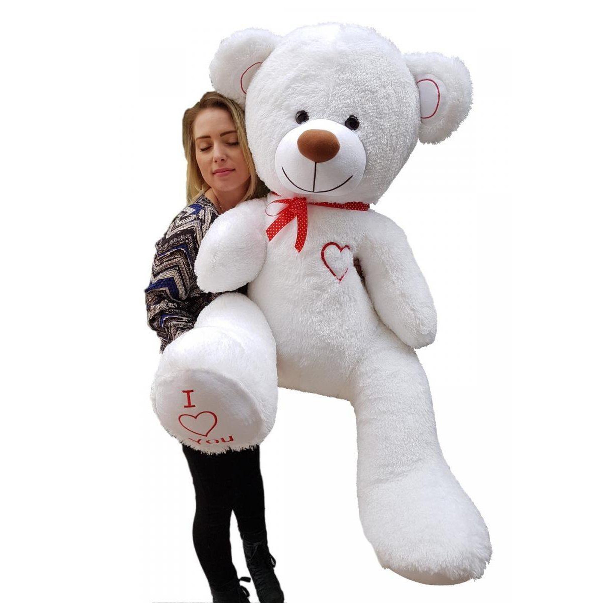 VELINDA Nounours en peluche énorme teddy bear 75+85 blanc-rouge