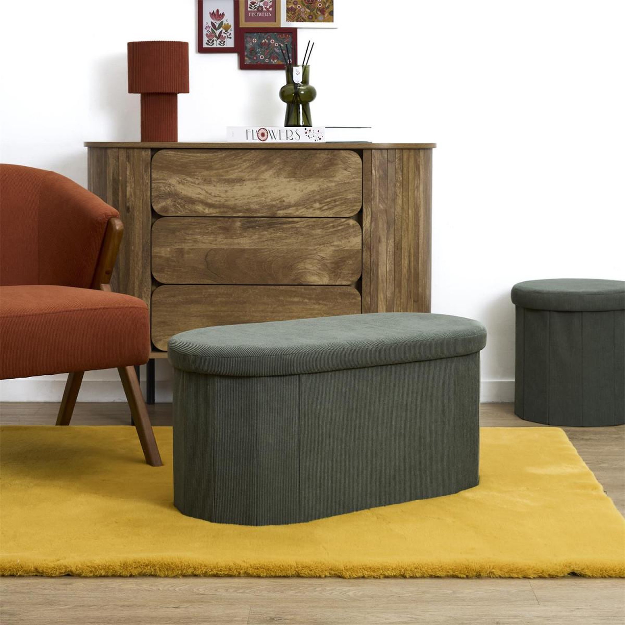 Voir la diapositive 6 : The Home Deco Factory Banc coffre pliable côtelé  jules  76cm vert