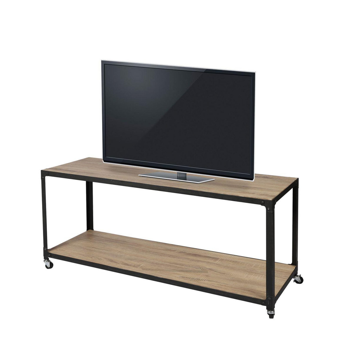 TOILINUX Meuble TV Factory avec 4 roulettes - Bois et noir