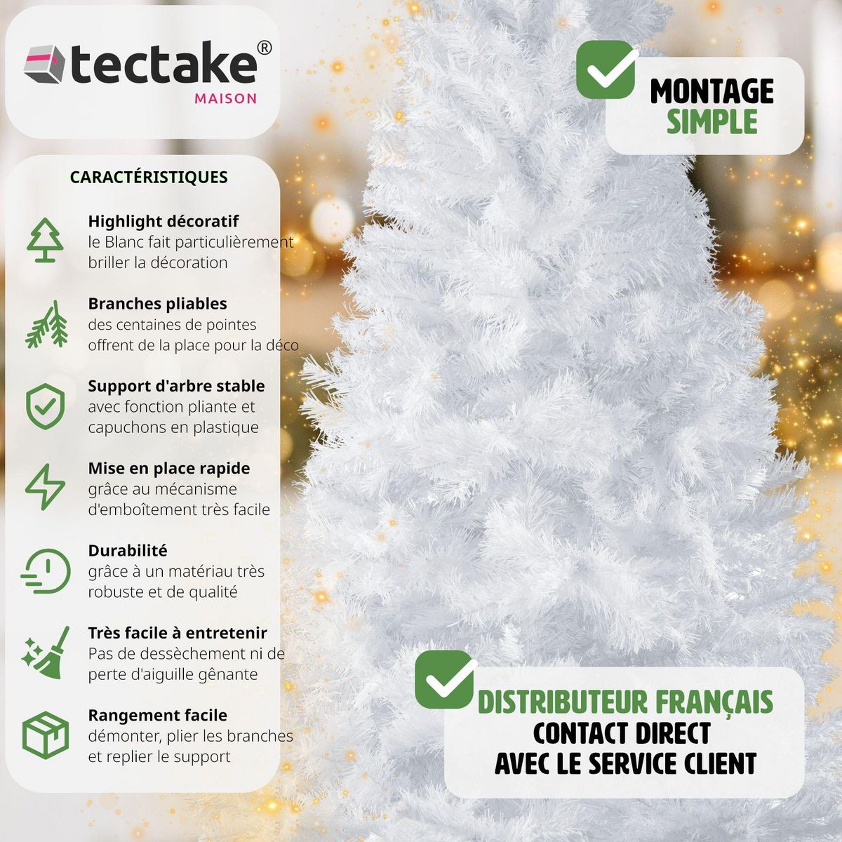 tectake Sapin de Noël artificiel 150 cm blanc blanc